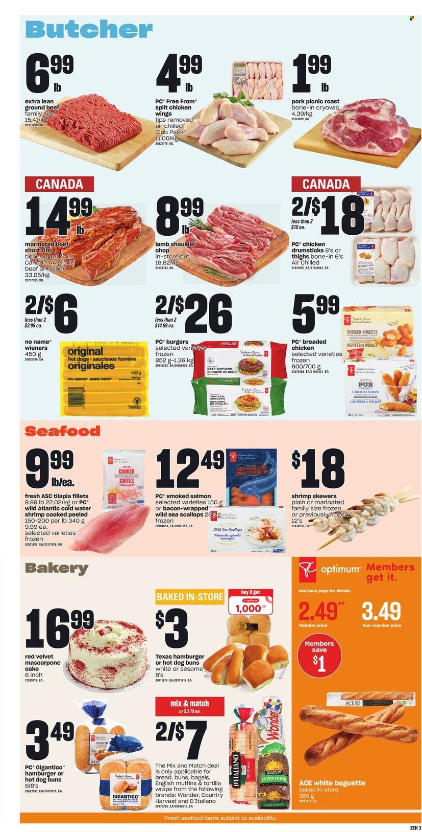 thumbnail - Zehrs Flyer - June 30, 2022 - July 06, 2022 - Sales products - bagels, english muffins, tortillas, cake, buns, wraps, salmon, scallops, smoked salmon, tilapia, seafood, shrimps, No Name, fried chicken, beef burger, bacon, Country Harvest, chicken wings, strips, chicken strips, chicken drumsticks, chicken, beef meat, beef ribs, ground beef, marinated beef, lamb meat, lamb shoulder, pot, Optimum, baguette, mascarpone. Page 4.