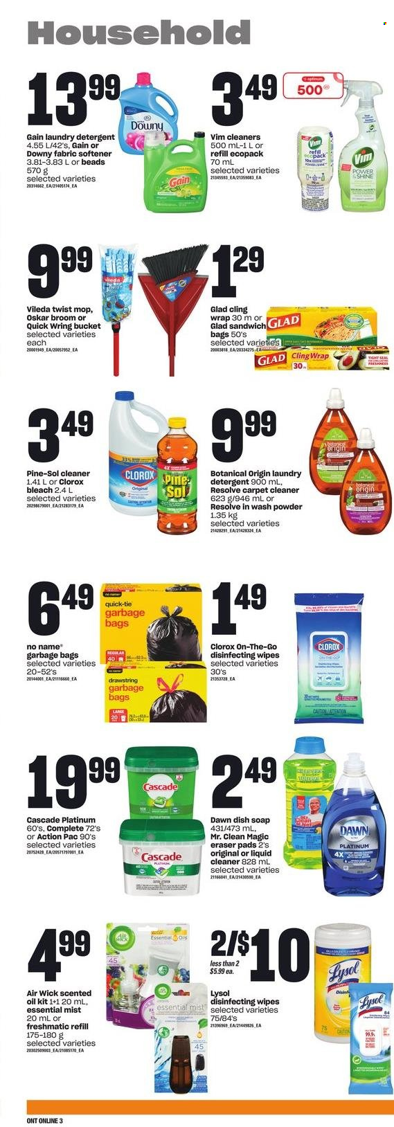 thumbnail - Zehrs Flyer - June 30, 2022 - July 06, 2022 - Sales products - No Name, sandwich, oil, wipes, Gain, cleaner, bleach, liquid cleaner, Lysol, Clorox, Pine-Sol, fabric softener, laundry detergent, Cascade, Downy Laundry, soap, bag, Vileda, mop, broom, eraser, Air Wick, scented oil, detergent. Page 7.