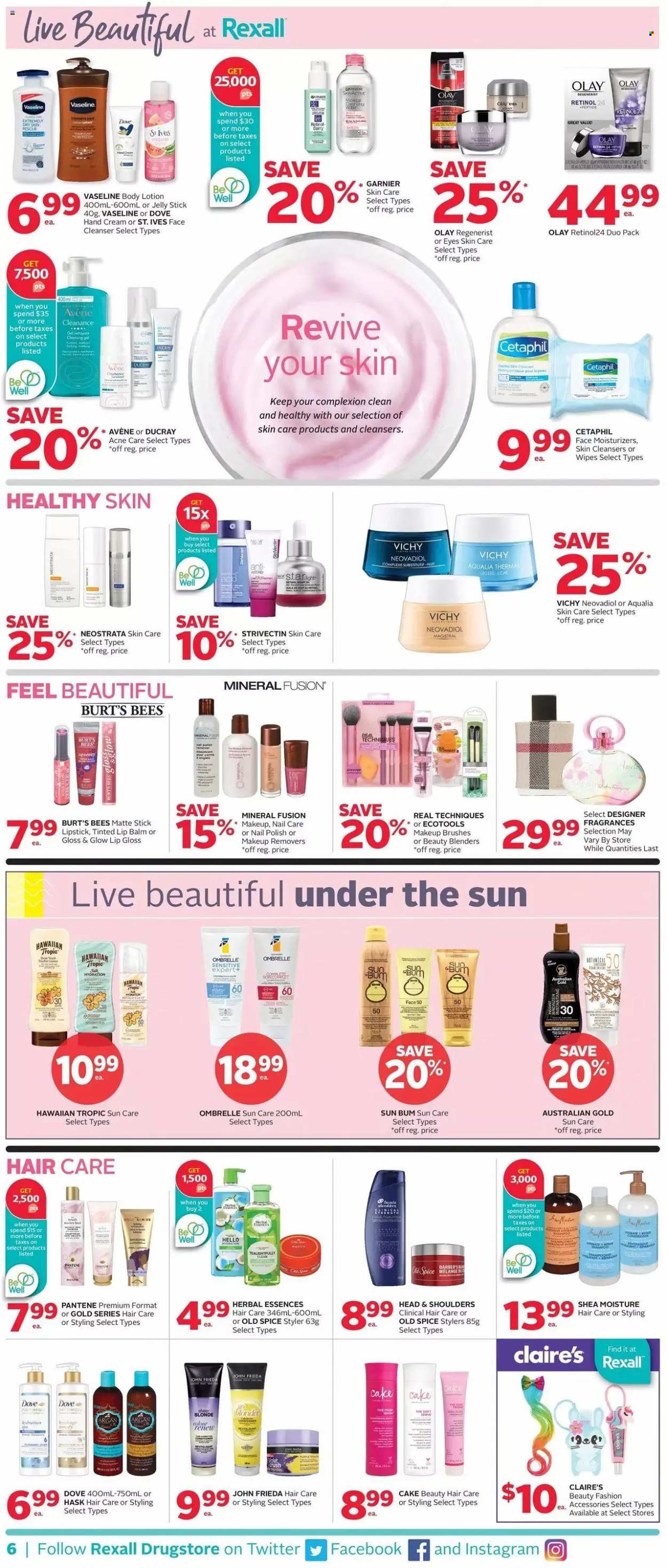 thumbnail - Rexall Flyer - July 01, 2022 - July 07, 2022 - Sales products - cake, jelly, spice, wipes, Vichy, Vaseline, cleanser, lip balm, moisturizer, Olay, Herbal Essences, John Frieda, Hask, body lotion, hand cream, polish, lip gloss, lipstick, makeup, Dove, Garnier, shampoo, Head & Shoulders, Pantene, Old Spice. Page 6.