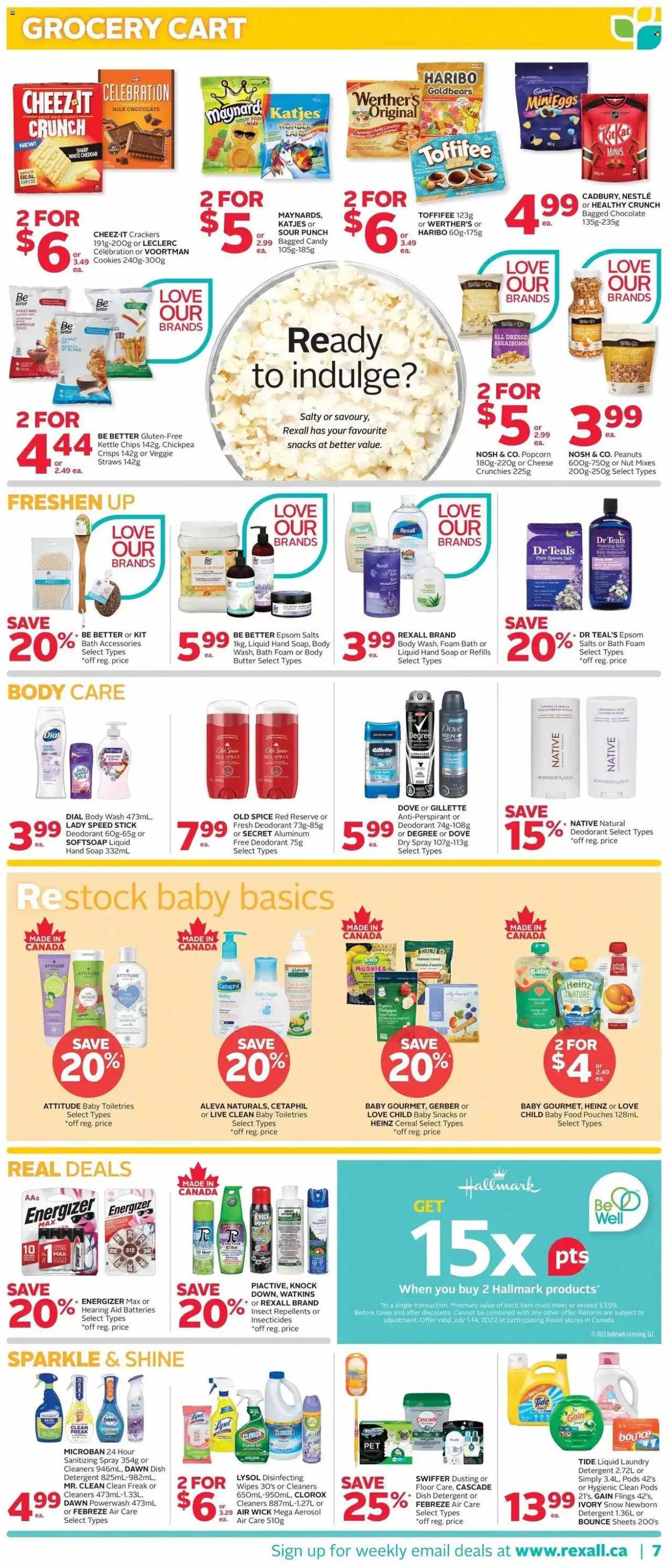 thumbnail - Rexall Flyer - July 01, 2022 - July 07, 2022 - Sales products - cookies, milk chocolate, chocolate, Haribo, crackers, Cadbury, Gerber, chips, popcorn, Veggie Straws, Cheez-It, oatmeal, cereals, spice, caramel, peanuts, wine, rosé wine, wipes, Febreze, Gain, Lysol, Clorox, Swiffer, Tide, laundry detergent, Bounce, Cascade, body wash, Softsoap, hand soap, bath foam, Dial, soap, Gillette, body butter, anti-perspirant, Speed Stick, hook, Sharp, Air Wick, battery, detergent, Dove, Energizer, Nestlé, Heinz, Old Spice, deodorant. Page 7.