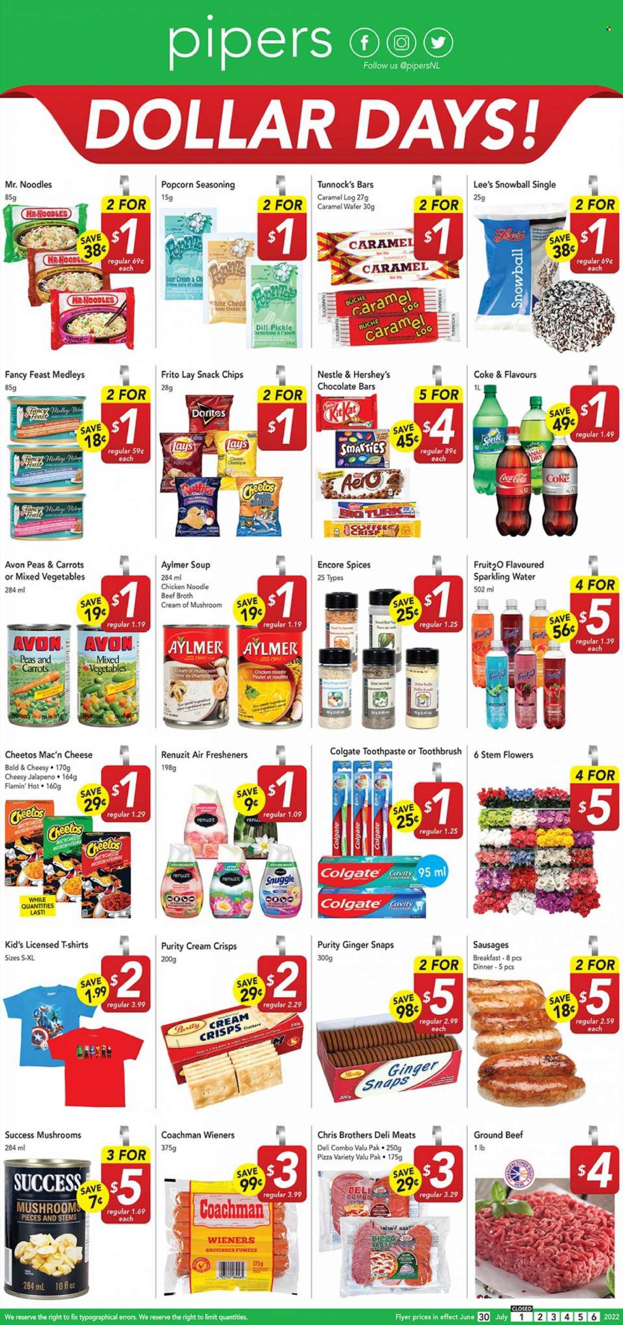 thumbnail - Pipers Flyer - June 30, 2022 - July 06, 2022 - Sales products - carrots, jalapeño, pizza, soup, noodles, sausage, Hershey's, mixed vegetables, wafers, Halls, snack, crackers, chocolate bar, dill pickle, Doritos, Cheetos, chips, Lay’s, popcorn, beef broth, broth, dill, spice, caramel, Coca-Cola, Sprite, sparkling water, BROTHERS, Purity, beef meat, ground beef, Snuggle, Avon, toothbrush, toothpaste, Sure, Renuzit, air freshener, Fancy Feast, Lee, t-shirt, Colgate, Nestlé, ketchup, Smarties. Page 1.