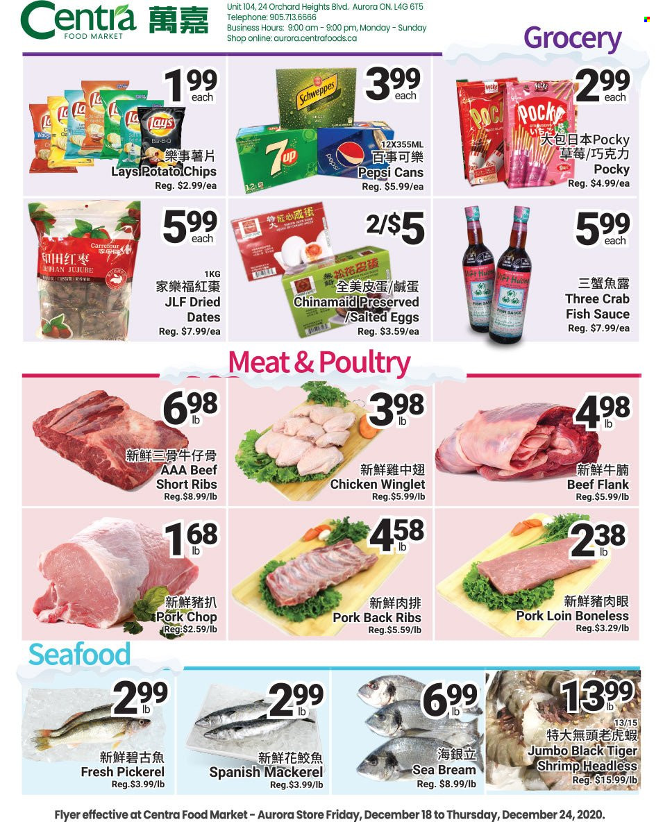 thumbnail - Centra Food Market Flyer - Sales products - jujube, mackerel, seafood, crab, fish, seabream, shrimps, walleye, sauce, eggs, potato chips, chips, Lay’s, fish sauce, dried dates, Schweppes, Pepsi, beef ribs, pork chops, pork loin, pork meat, pork ribs, pork back ribs. Page 2.