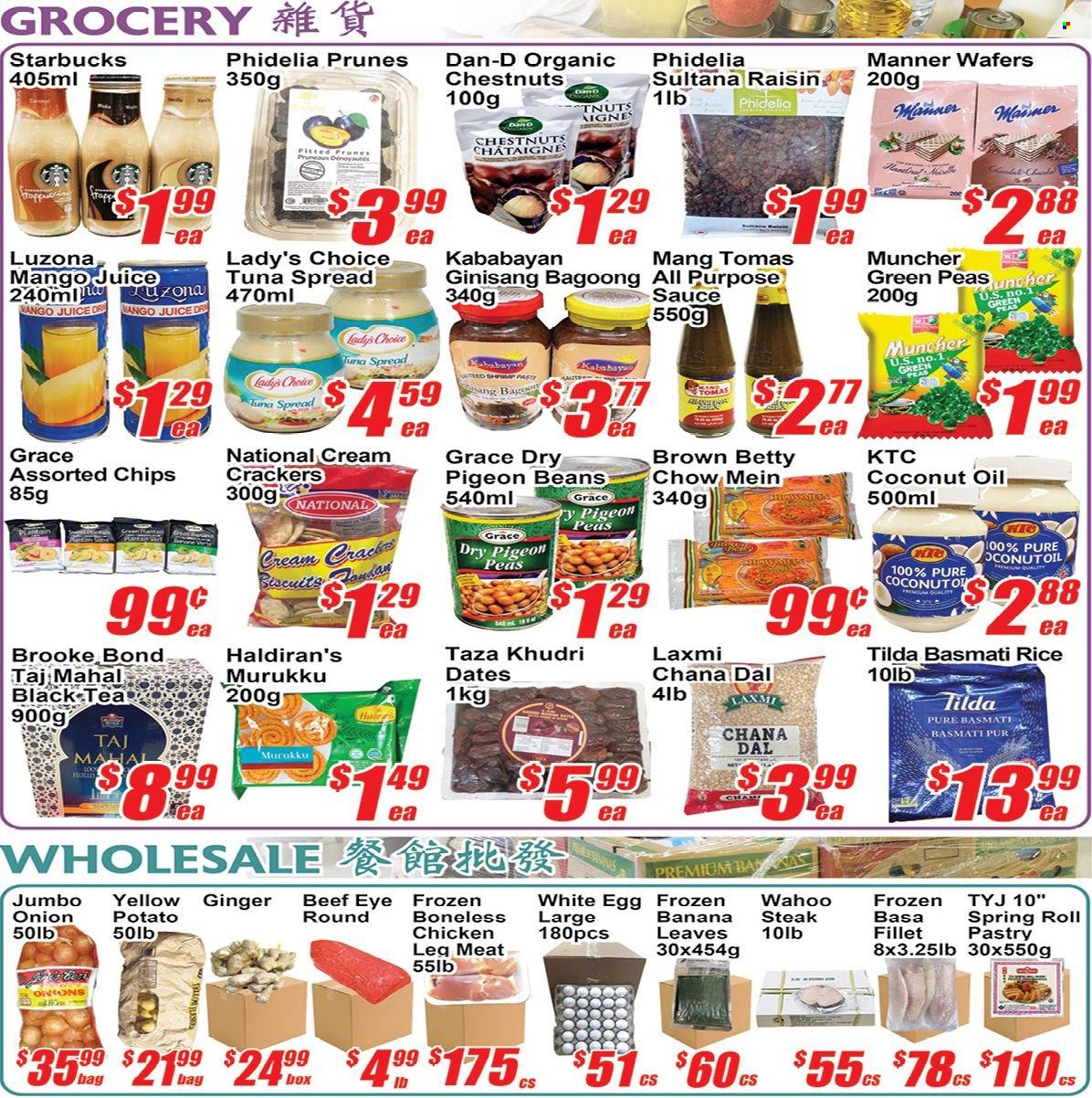 thumbnail - Jian Hing Supermarket Flyer - July 01, 2022 - July 07, 2022 - Sales products - beans, ginger, peas, onion, tuna, sauce, eggs, wafers, crackers, biscuit, basmati rice, rice, toor dal, chana dal, shrimp paste, coconut oil, oil, prunes, chestnuts, dried fruit, juice, tea, Starbucks, chicken legs, beef meat, eye of round, steak. Page 3.