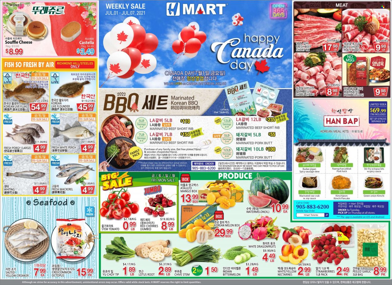 thumbnail - H Mart Flyer - July 01, 2022 - July 07, 2022 - Sales products - garlic, onion, green onion, mango, nectarines, strawberries, watermelon, cherries, melons, flounder, mackerel, perch, octopus, seafood, crab, fish, whiting, sauce, pancakes, Shabu, sausage, cheese, soy sauce, marinated beef, pork belly, pork hock, pork meat, marinated pork, Lotus, plate. Page 1.