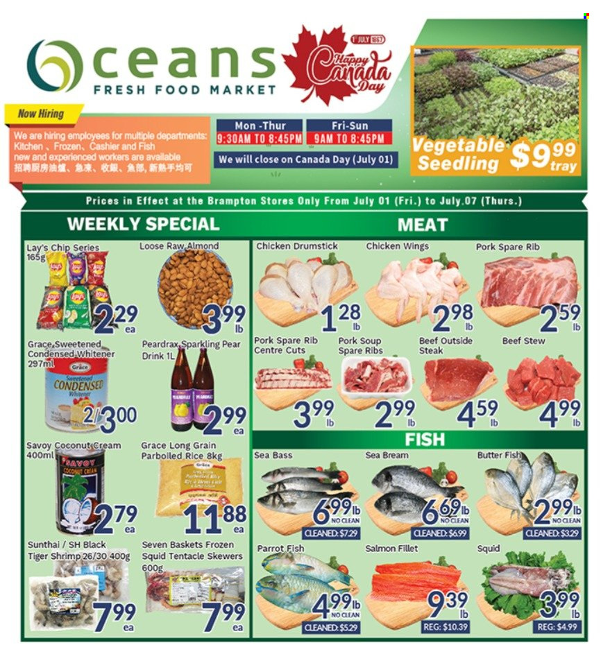 thumbnail - Oceans Flyer - July 01, 2022 - July 07, 2022 - Sales products - pears, coconut, salmon, salmon fillet, sea bass, squid, seabream, shrimps, soup, butter, chicken wings, Lay’s, rice, parboiled rice, pork spare ribs, steak. Page 1.
