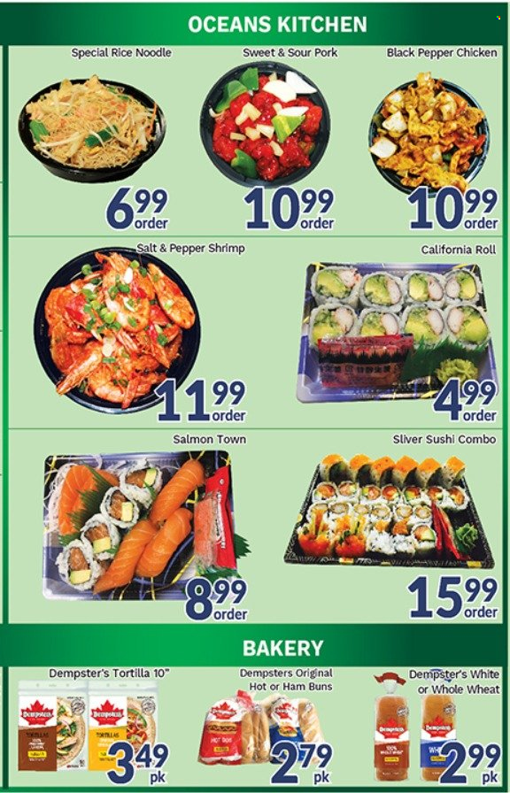 thumbnail - Oceans Flyer - July 01, 2022 - July 07, 2022 - Sales products - tortillas, buns, salmon, shrimps, noodles, rice, black pepper. Page 4.