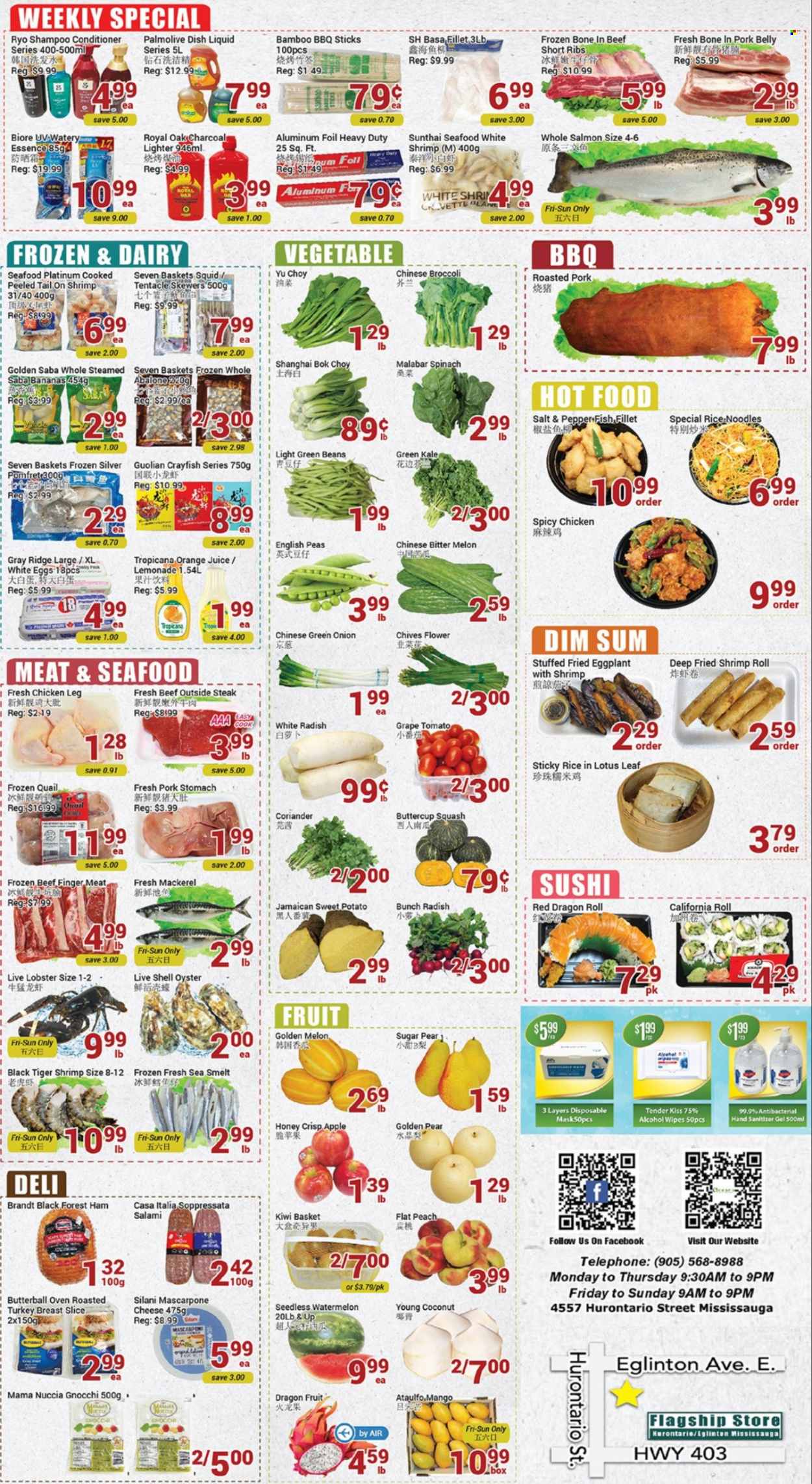 thumbnail - Oceans Flyer - July 01, 2022 - July 07, 2022 - Sales products - beans, bok choy, broccoli, green beans, radishes, spinach, sweet potato, kale, peas, onion, eggplant, white radish, green onion, chives, bananas, mango, watermelon, pears, melons, dragon fruit, lobster, mackerel, salmon, squid, oysters, seafood, fish, shrimps, abalone, noodles, Butterball, salami, soppressata, ham, cheese, eggs, sugar, rice vermicelli, coriander, honey, lemonade, orange juice, juice, quail, chicken legs, turkey, beef ribs, pork belly, pork meat, wipes, dishwashing liquid, Palmolive, Bioré®, conditioner, Lotus, hand sanitizer, disposable mask, gnocchi, mascarpone, shampoo, chinese broccoli, steak. Page 2.