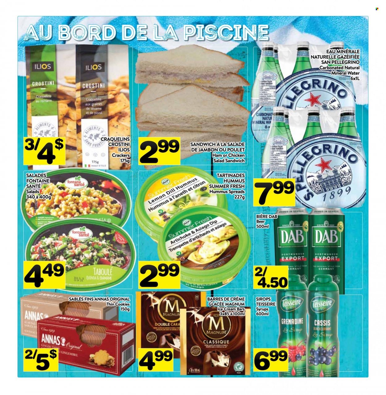 thumbnail - PA Supermarché Flyer - July 04, 2022 - July 10, 2022 - Sales products - ginger, sandwich, ham, hummus, chicken salad, asiago, Magnum, ice cream bars, cookies, crackers, dill, mineral water, San Pellegrino, grenadine, beer. Page 4.