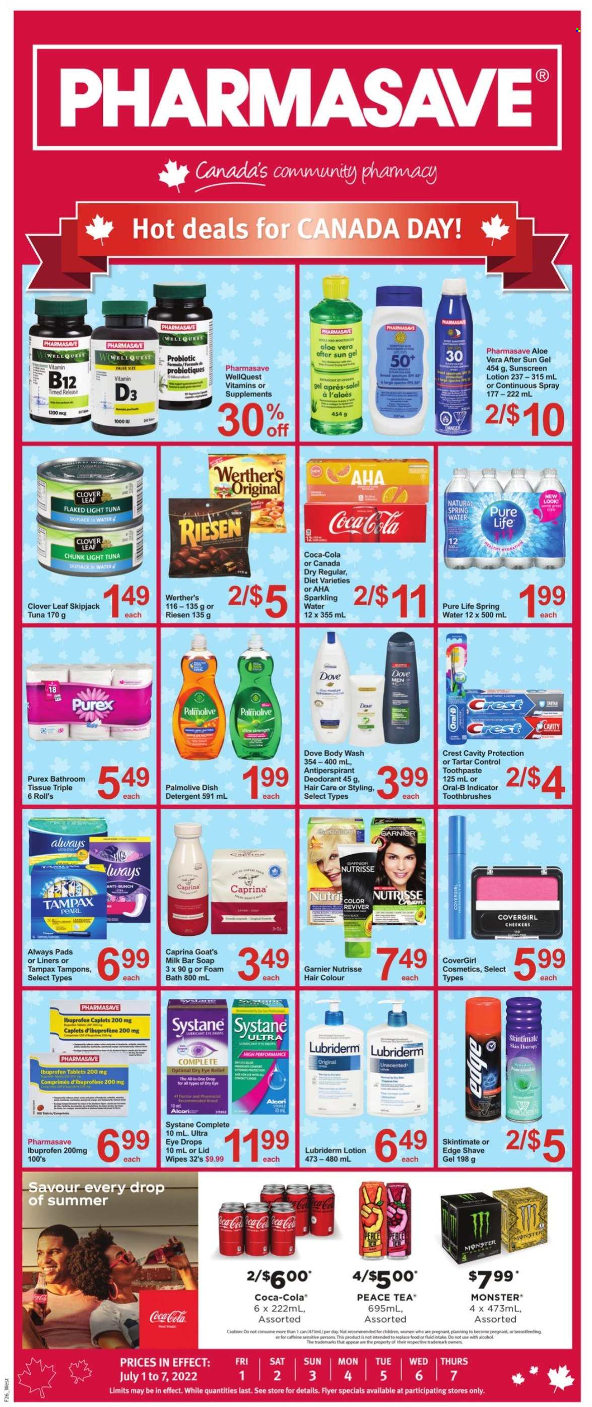 thumbnail - Pharmasave Flyer - July 01, 2022 - July 07, 2022 - Sales products - tuna, Clover, milk, light tuna, Canada Dry, Coca-Cola, Monster, Monster Energy, spring water, sparkling water, tea, wipes, bath tissue, Purex, body wash, bath foam, Palmolive, soap bar, soap, toothpaste, Crest, Always pads, sanitary pads, tampons, hair color, body lotion, Lubriderm, sunscreen lotion, anti-perspirant, shave gel, lubricant, lid, Ibuprofen, eye drops, vitamin B12, vitamin D3, lenses, contact lenses, detergent, Dove, Garnier, Systane, Tampax, Oral-B, deodorant. Page 1.