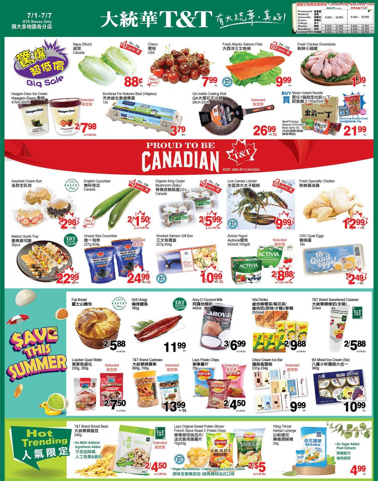 thumbnail - T&T Supermarket Flyer - July 01, 2022 - July 07, 2022 - Sales products - oyster mushrooms, corn, garlic, sweet potato, cherries, lobster, salmon, salmon fillet, smoked salmon, oysters, crab, noodles, Nissin, yoghurt, Activia, eggs, creamer, Häagen-Dazs, wafers, potato chips, chips, Lay’s, coconut milk, spice, sesame oil, oil, cashews, green tea, matcha, tea, L'Or, quail, chicken drumsticks, chicken, gift box, pan, wok, cup. Page 1.