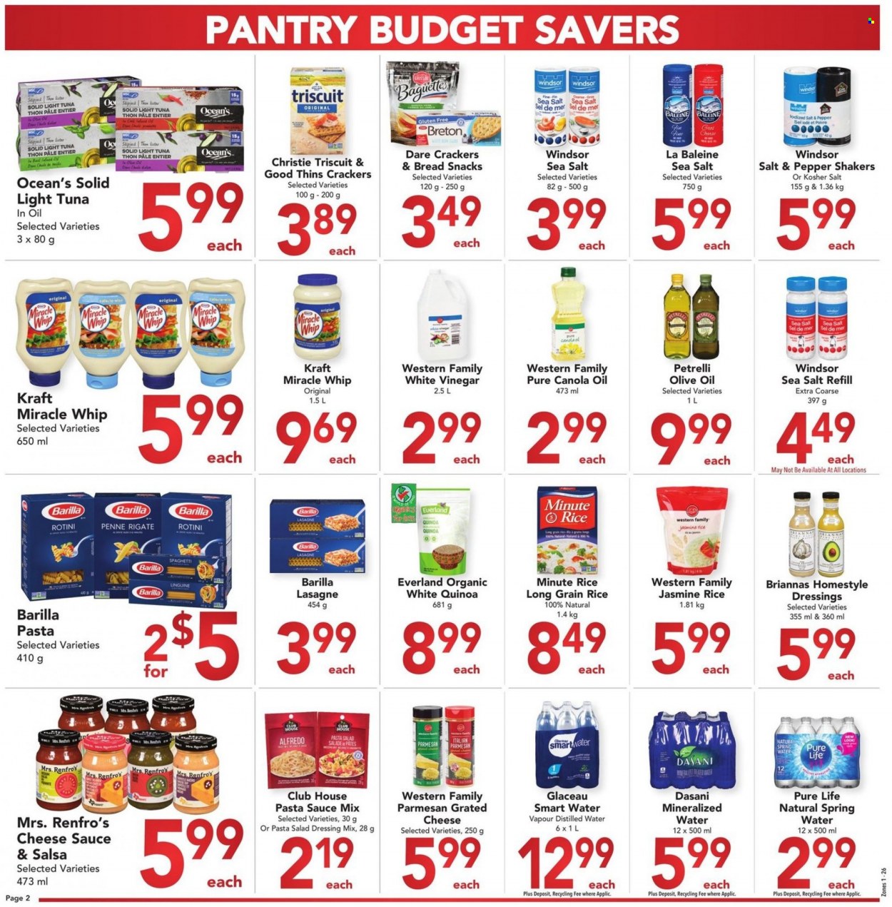 thumbnail - Buy-Low Foods Flyer - June 26, 2022 - July 23, 2022 - Sales products - bread, tuna, spaghetti, pasta sauce, Kraft®, pasta salad, parmesan, Miracle Whip, snack, crackers, Thins, light tuna, rice, jasmine rice, penne, long grain rice, salad dressing, dressing, salsa, canola oil, vinegar, olive oil, spring water, Smartwater, baguette, quinoa, Barilla. Page 2.