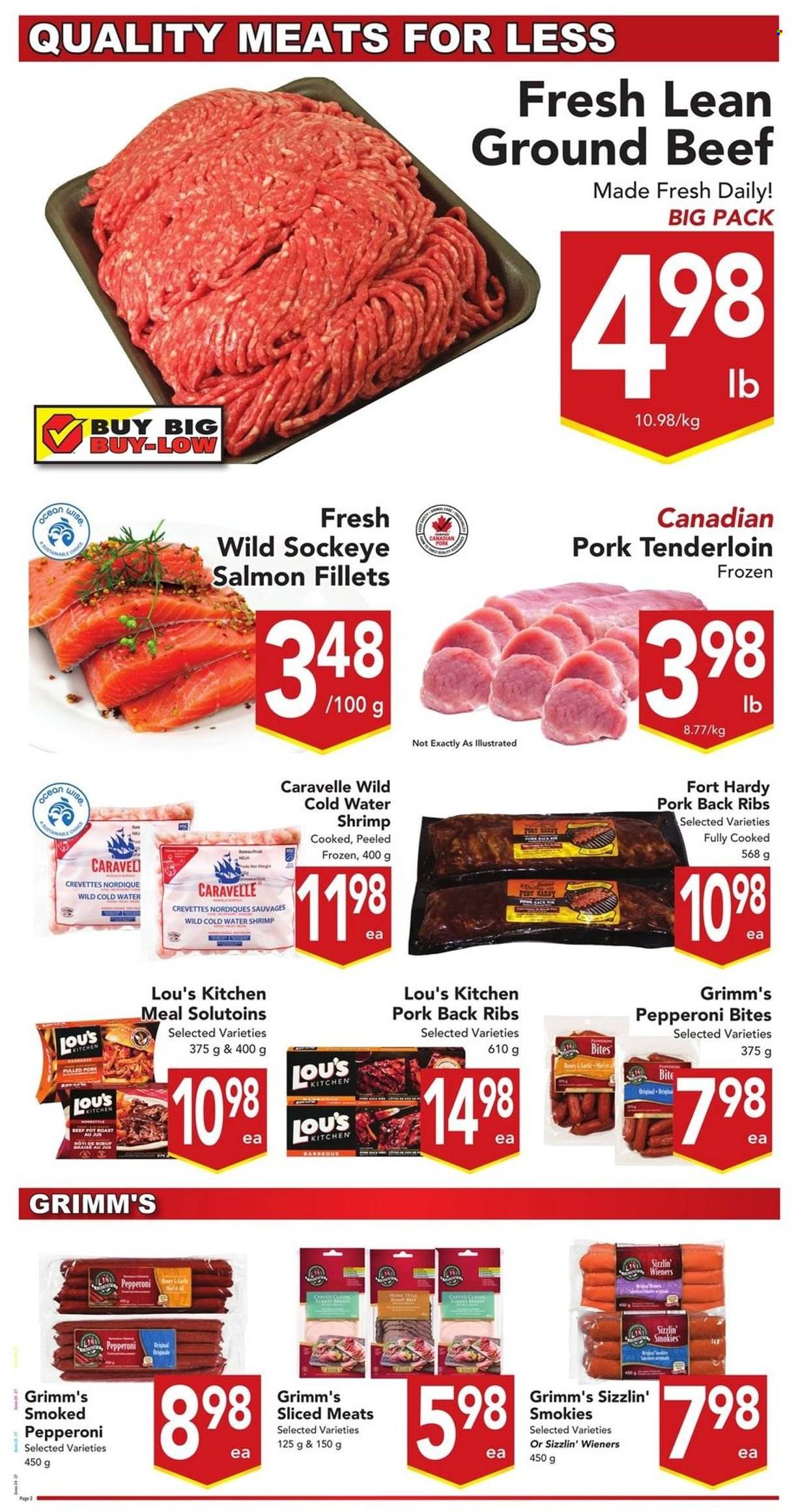 thumbnail - Buy-Low Foods Flyer - July 03, 2022 - July 09, 2022 - Sales products - salmon, salmon fillet, shrimps, pepperoni, beef meat, ground beef, pork meat, pork ribs, pork tenderloin, pork back ribs. Page 2.