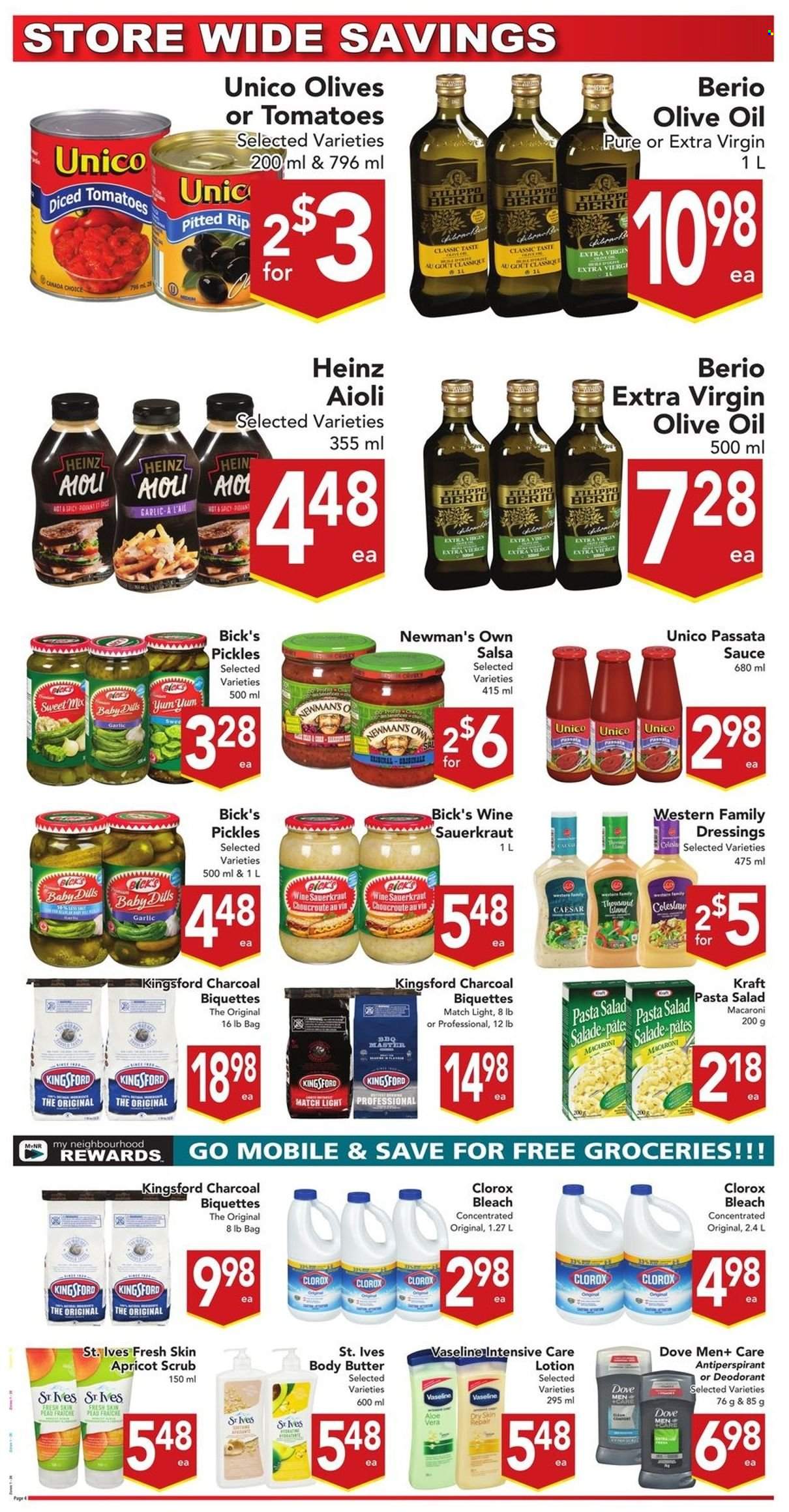 thumbnail - Buy-Low Foods Flyer - July 03, 2022 - July 09, 2022 - Sales products - garlic, tomatoes, peas, coleslaw, macaroni, pasta, sauce, Kraft®, Kingsford, pasta salad, sauerkraut, pickles, diced tomatoes, salsa, extra virgin olive oil, olive oil, oil, gin, bleach, Clorox, Vaseline, body butter, body lotion, anti-perspirant, Dove, Heinz, olives, deodorant. Page 4.