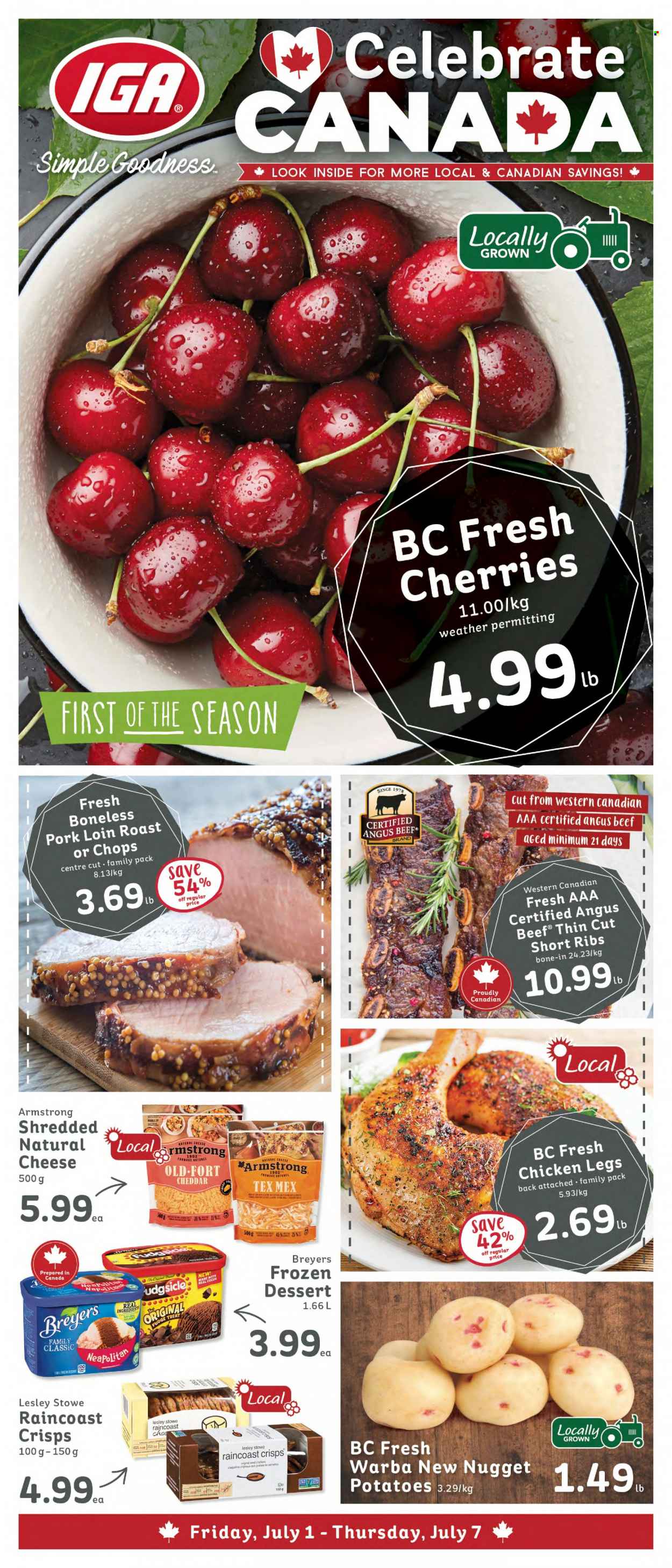 thumbnail - IGA Simple Goodness Flyer - July 01, 2022 - July 07, 2022 - Sales products - potatoes, cherries, cheddar, cheese, fudge, crackers, cocoa, chicken legs, chicken, beef meat, pork loin, pork meat. Page 1.