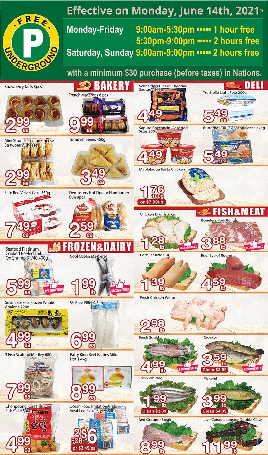 thumbnail - Nations Fresh Foods Flyer - July 01, 2022 - July 07, 2022 - Sales products - cake, burger buns, crab meat, grouper, lobster, mackerel, squid, seafood, crab, fish, shrimps, abalone, whiting, walleye, hot dog, fajita, bacon, Butterball, turkey bacon, sausage, bocconcini, cheddar, cheese, feta, chicken wings, fish cake, chicken drumsticks, chicken, beef meat, eye of round, pork belly, pork meat, steak. Page 2.