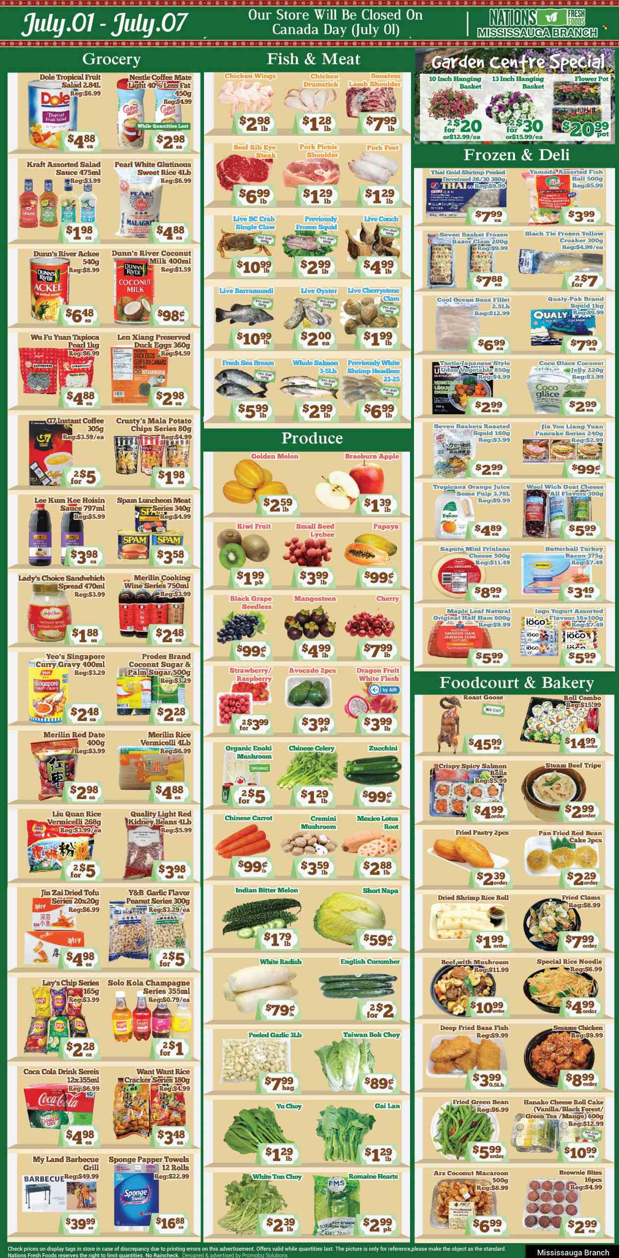 thumbnail - Nations Fresh Foods Flyer - July 01, 2022 - July 07, 2022 - Sales products - cake, brownies, bok choy, celery, garlic, radishes, zucchini, salad, Dole, white radish, avocado, lychee, papaya, melons, dragon fruit, barramundi, clams, salmon, squid, oysters, crab, seabream, shrimps, sauce, pancakes, noodles, Kraft®, bacon, Butterball, turkey bacon, half ham, ham, smoked ham, Spam, lunch meat, goat cheese, tofu, yoghurt, Coffee-Mate, eggs, chicken wings, jelly, crackers, potato chips, Lay’s, cheese rolls, rice crackers, coconut sugar, coconut milk, kidney beans, fruit salad, rice vermicelli, hoisin sauce, Lee Kum Kee, Coca-Cola, orange juice, juice, green tea, tea, instant coffee, cooking wine, beef meat, beef tripe, ribeye steak, lamb meat, lamb shoulder, Nestlé, champagne, steak. Page 1.