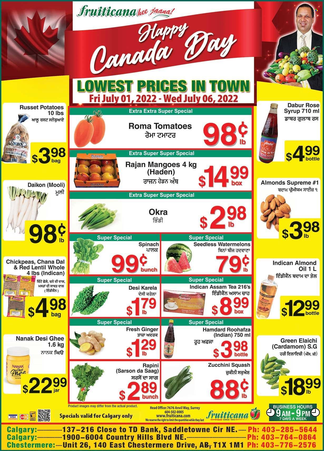 thumbnail - Fruiticana Flyer - July 01, 2022 - July 06, 2022 - Sales products - ginger, russet potatoes, spinach, tomatoes, zucchini, potatoes, okra, white radish, mango, ghee, Dabur, chickpeas, chana dal, almond oil, oil, syrup, almonds, tea, wine, rosé wine, oranges. Page 1.