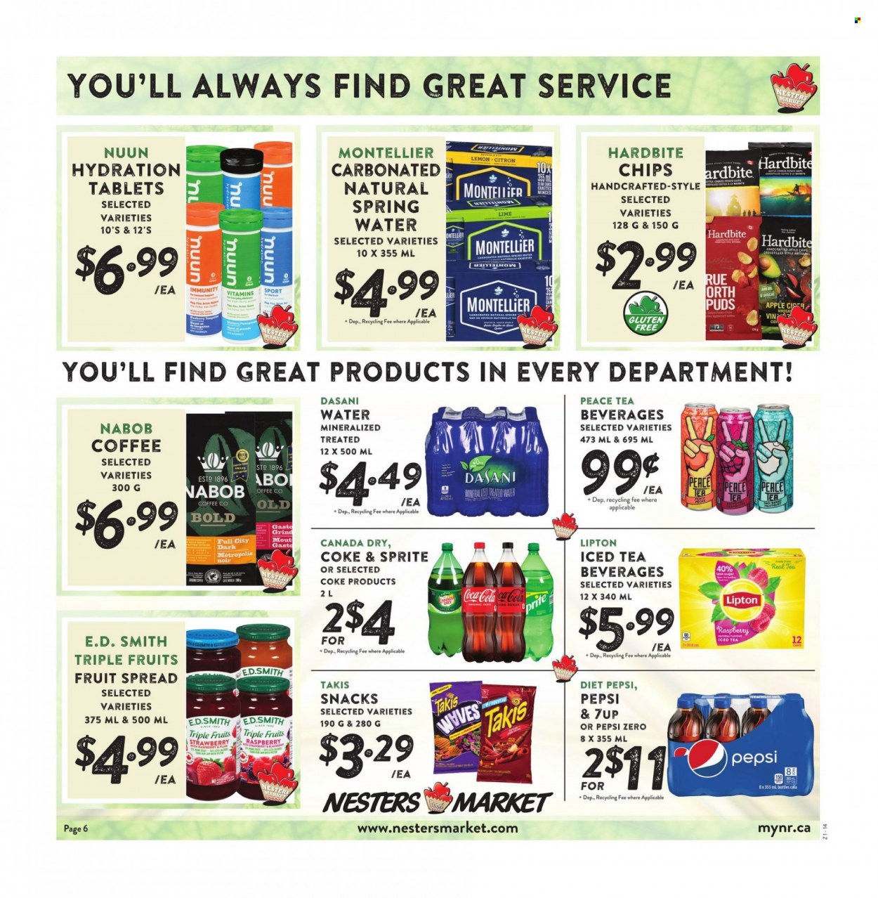 thumbnail - Nesters Food Market Flyer - July 03, 2022 - July 09, 2022 - Sales products - snack, chips, Canada Dry, Coca-Cola, Sprite, Pepsi, ice tea, Diet Pepsi, 7UP, coffee, Lipton. Page 6.