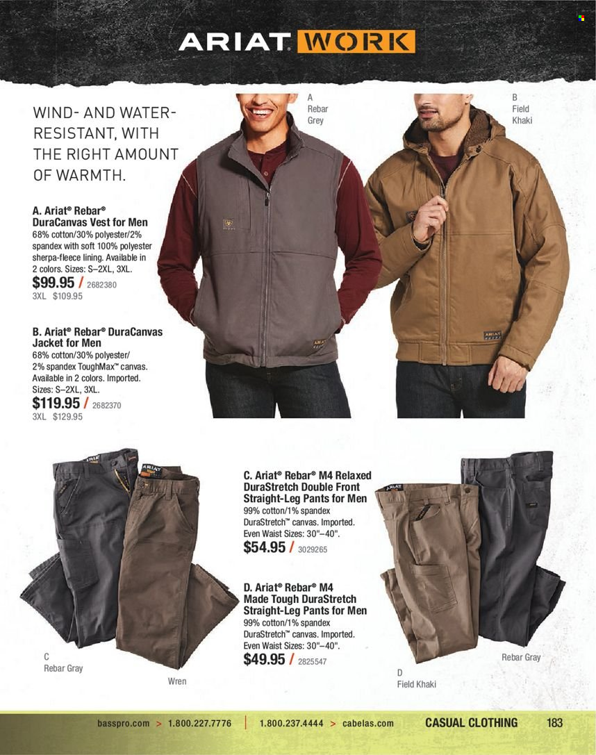 thumbnail - Bass Pro Shops Flyer - Sales products - jacket, pants, vest, sherpa. Page 183.