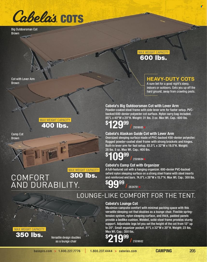 thumbnail - Bass Pro Shops Flyer - Sales products - cushion, tent, chair, camp cot. Page 205.