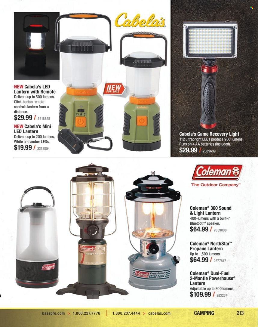 thumbnail - Bass Pro Shops Flyer - Sales products - speaker, bluetooth speaker, Coleman. Page 213.
