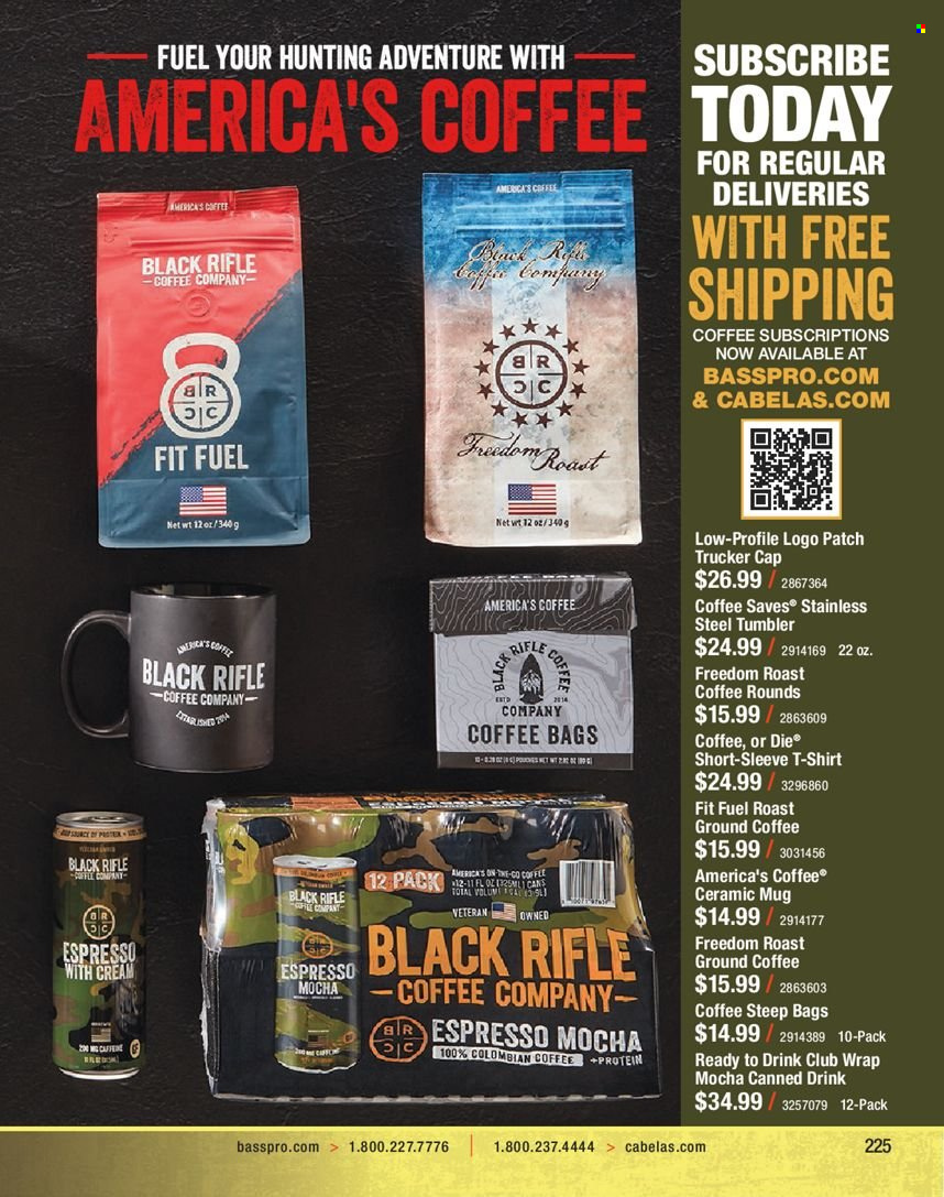 thumbnail - Bass Pro Shops Flyer - Sales products - coffee, ground coffee, t-shirt, trucker cap. Page 225.