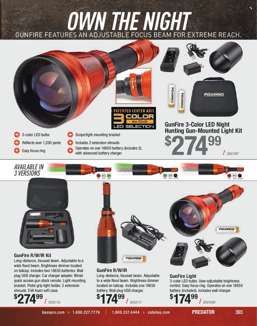 thumbnail - Bass Pro Shops Flyer - Sales products - wall charger, USB charger, adapter, gun, holder, scope. Page 393.