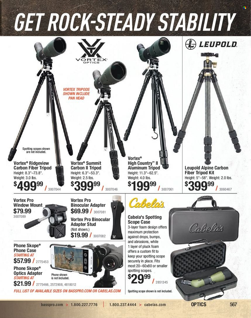 thumbnail - Bass Pro Shops Flyer - Sales products - tripod, headphones, adapter, binoculars, Leupold, scope. Page 567.