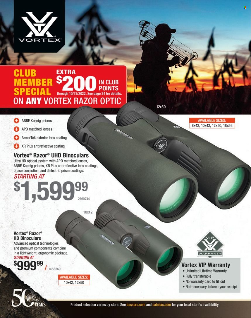 thumbnail - Bass Pro Shops Flyer - Sales products - lens, lenses, UHD TV, ultra hd, razor, binoculars. Page 572.