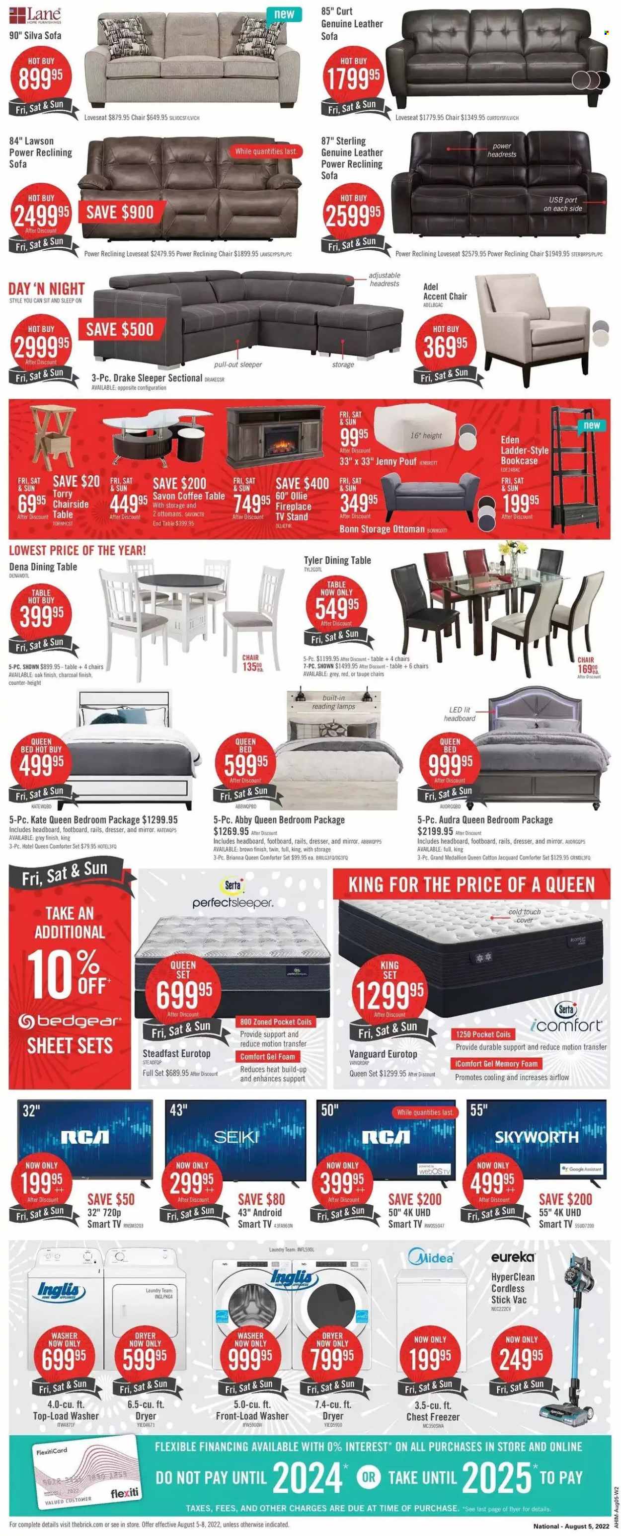 thumbnail - The Brick Flyer - August 05, 2022 - August 08, 2022 - Sales products - comforter, UHD TV, Skyworth, freezer, chest freezer, washing machine, dining table, chair, accent chair, leather sofa, loveseat, sofa, coffee table, end table, TV stand, bookcase, ottoman, bed, queen bed, headboard, dresser, mirror, ladder, smart tv. Page 2.