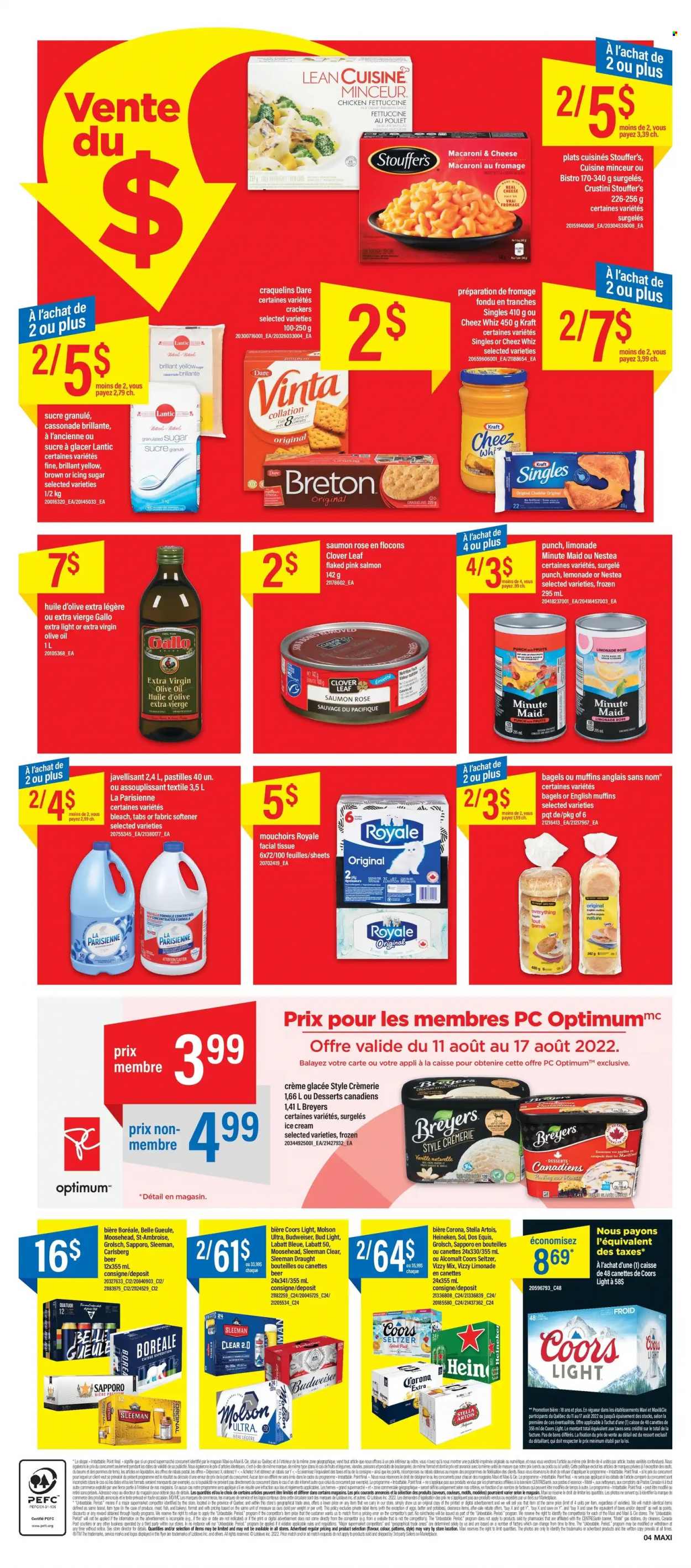 thumbnail - Maxi Flyer - August 11, 2022 - August 17, 2022 - Sales products - bagels, english muffins, salmon, fish, macaroni & cheese, sauce, Lean Cuisine, Kraft®, parmesan, Clover, eggs, ice cream, Stouffer's, crackers, pastilles, granulated sugar, sugar, icing sugar, extra virgin olive oil, olive oil, oil, lemonade, fruit punch, seltzer water, rosé wine, beer, Bud Light, Corona Extra, Heineken, Carlsberg, Sol, Grolsch, tissues, bleach, fabric softener, Budweiser, Stella Artois, Coors, Dos Equis. Page 4.