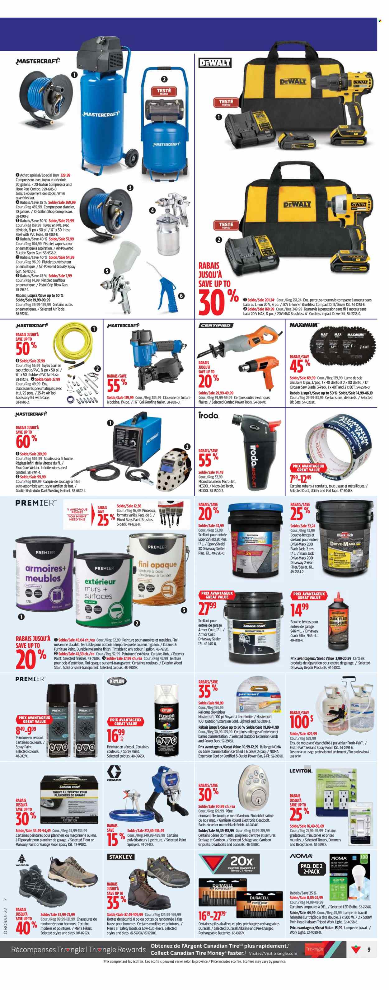 thumbnail - Canadian Tire Flyer - August 11, 2022 - August 17, 2022 - Sales products - Jet, spray gun, paint brush, eraser, deco strips, bulb, Duracell, LED bulb, percussion instrument, cabinet, coat, boots, DeWALT, hiking shoes, torch, spray paint, Stanley, lockset, tripod, electronic deadbolt, impact driver, power tools, circular saw blade, circular saw, saw, air compressor, welding helmet, extension cord, nailer, air hose, welder, hose reel. Page 9.