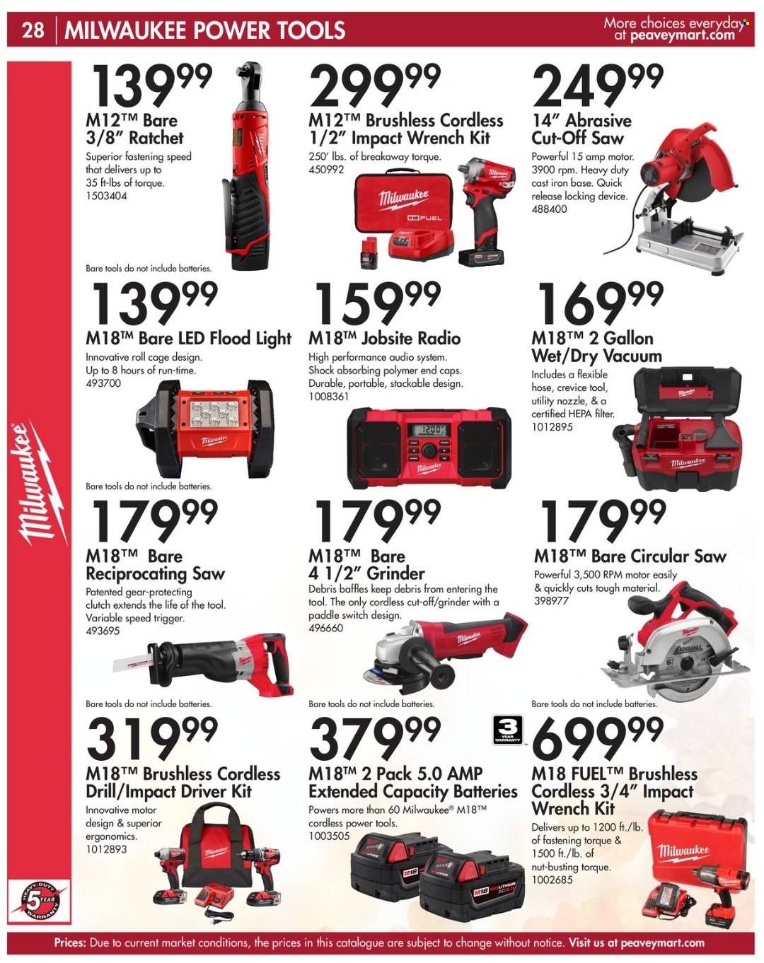 thumbnail - Peavey Mart Flyer - August 15, 2022 - November 30, 2022 - Sales products - gallon, floodlight, Milwaukee, drill, impact driver, power tools, grinder, circular saw, saw, reciprocating saw, radio. Page 28.