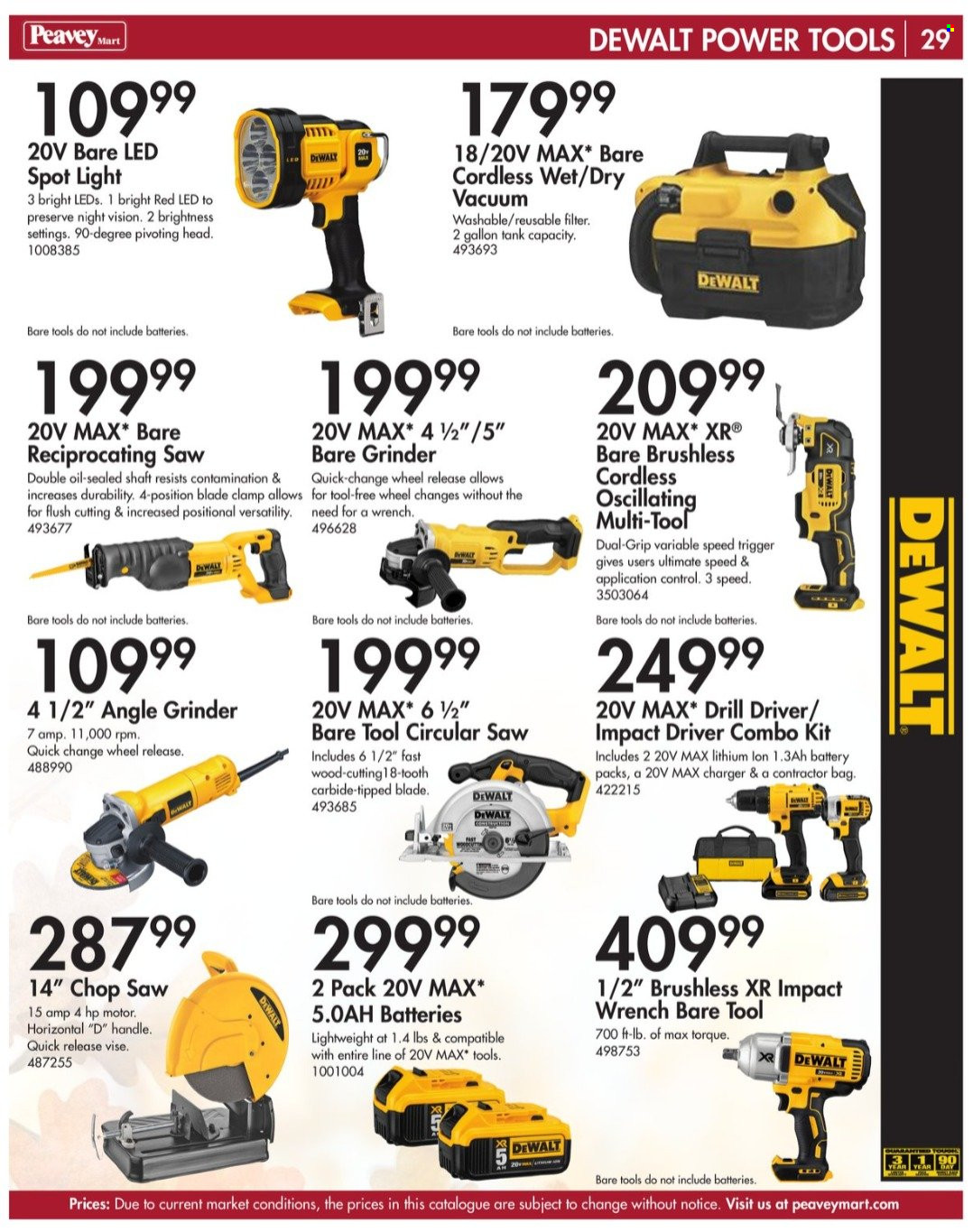 thumbnail - Peavey Mart Flyer - August 15, 2022 - November 30, 2022 - Sales products - spotlight, tank, DeWALT, drill, impact driver, power tools, grinder, circular saw, saw, angle grinder, reciprocating saw, combo kit. Page 29.