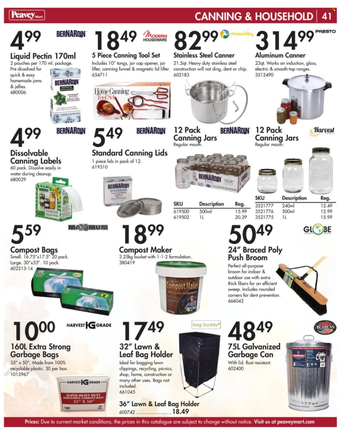 thumbnail - Peavey Mart Flyer - August 15, 2022 - November 30, 2022 - Sales products - houseware, broom, jar, canning jar, bag, cap, tong, tool set, compost. Page 41.