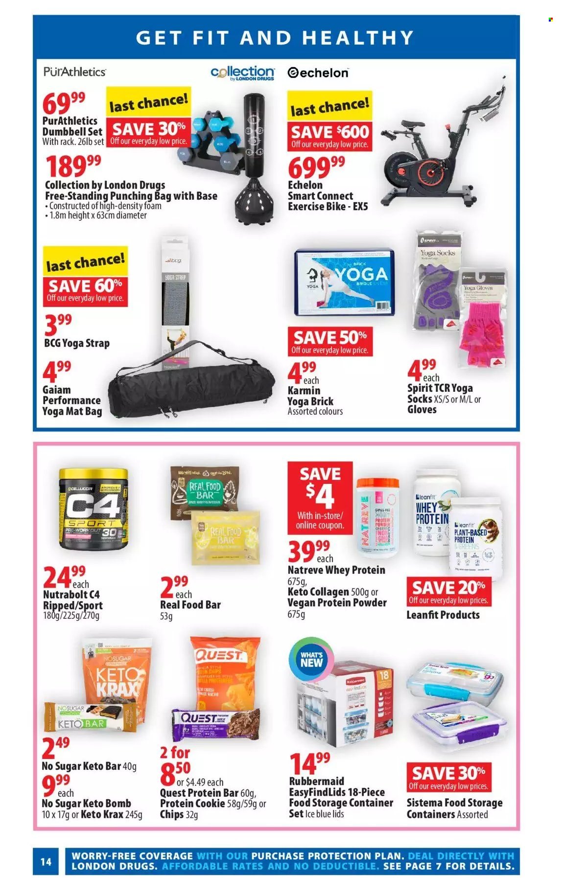thumbnail - London Drugs Flyer - August 25, 2022 - September 07, 2022 - Sales products - protein cookie, chips, protein bar, Rin, bag, gloves, container, storage container set, storage box, strap, whey protein. Page 14.