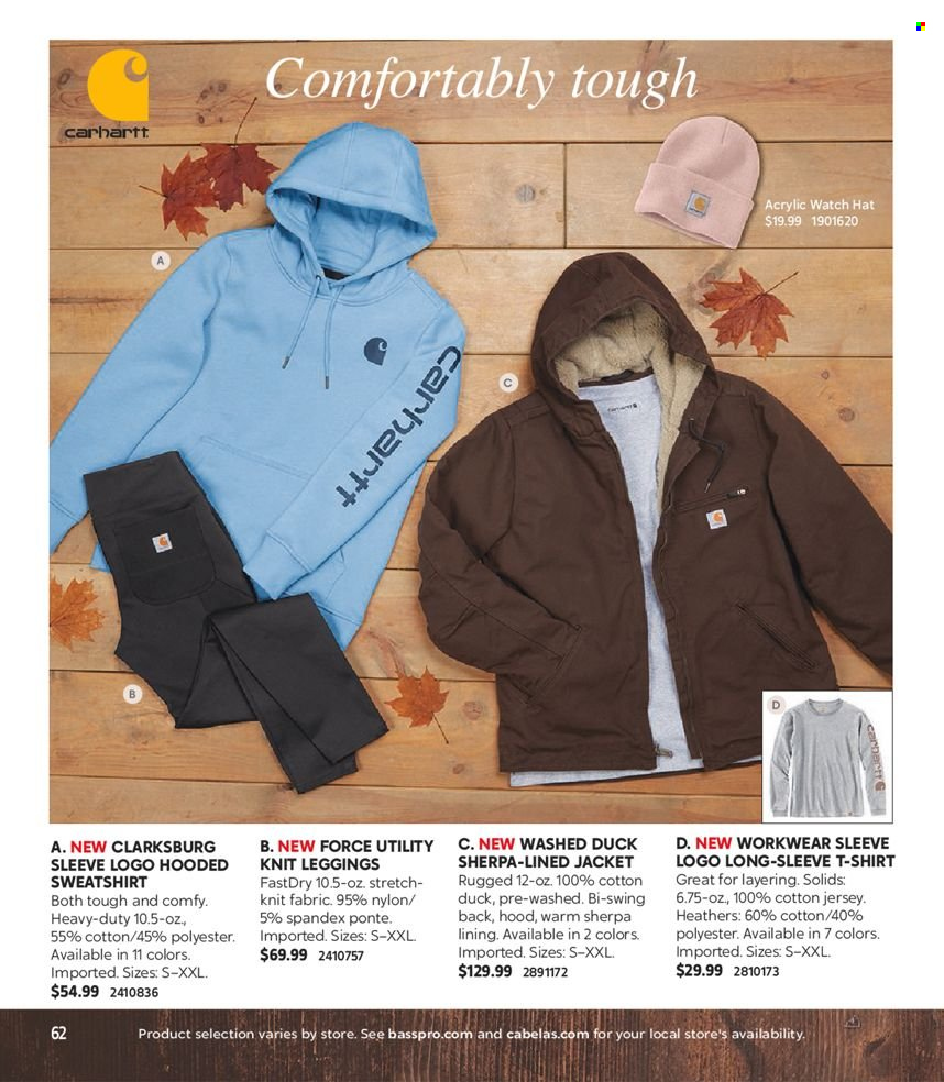 thumbnail - Bass Pro Shops Flyer - Sales products - jacket, t-shirt, sherpa, sweatshirt, jersey, leggings, hat, watch. Page 62.