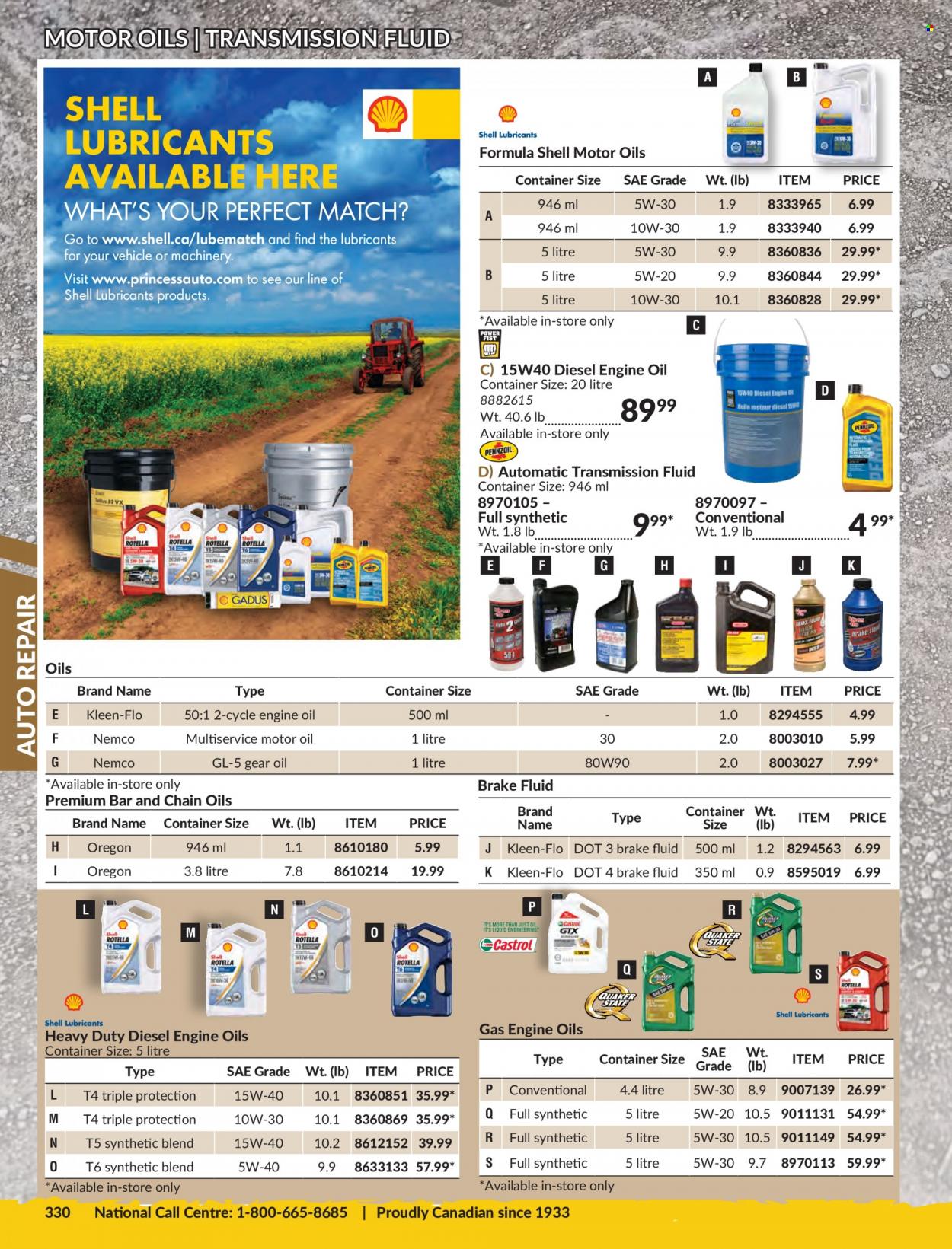 thumbnail - Princess Auto Flyer - Sales products - container, motor oil, Shell, transmission fluid, brake fluid. Page 334.