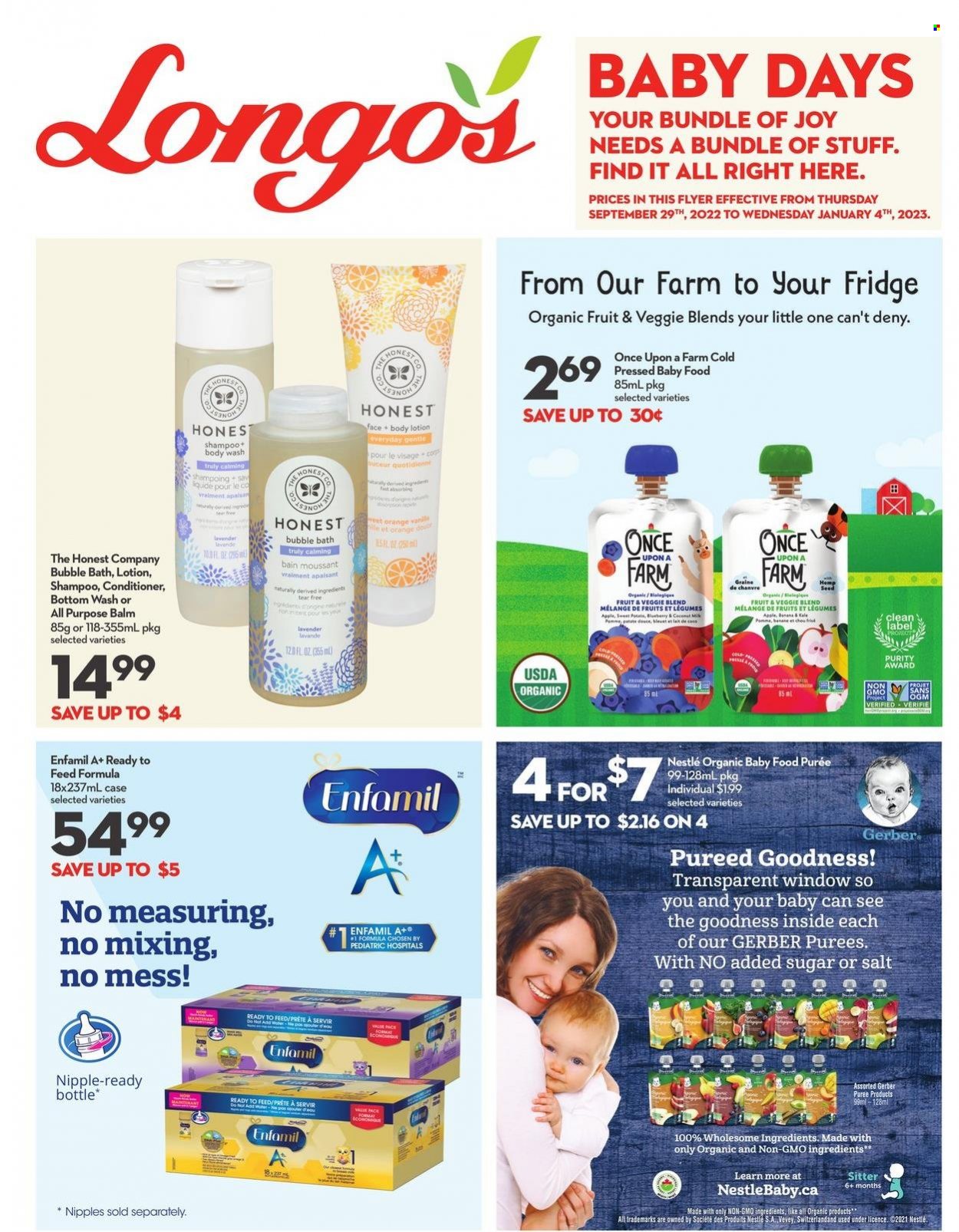 thumbnail - Longo's Flyer - September 29, 2022 - January 04, 2023 - Sales products - Gerber, salt, TRULY, Enfamil, organic baby food, Purity, Joy, body wash, bubble bath, conditioner, body lotion, Nestlé, shampoo. Page 1.