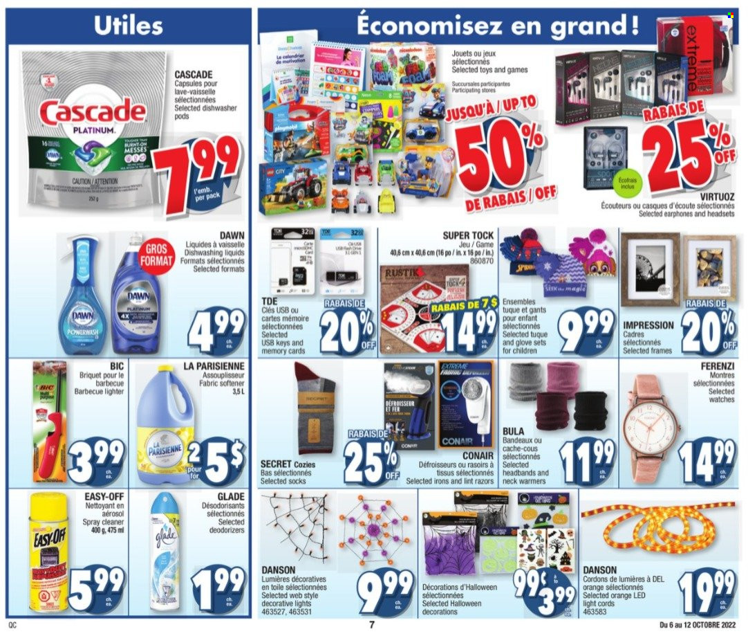 thumbnail - Jean Coutu Flyer - October 06, 2022 - October 12, 2022 - Sales products - cleaner, fabric softener, Cascade, BIC, gloves, Glade, socks, watch, Halloween. Page 7.