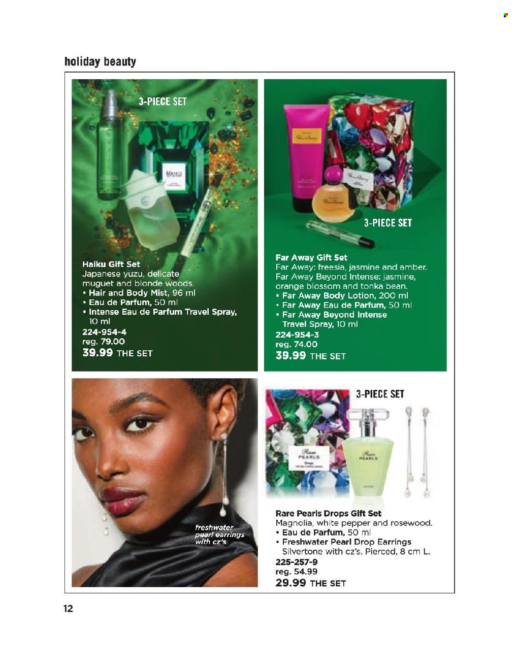 thumbnail - Avon Flyer - Sales products - body lotion, body mist, eau de parfum, far away, travel spray, gift set, earrings. Page 12.