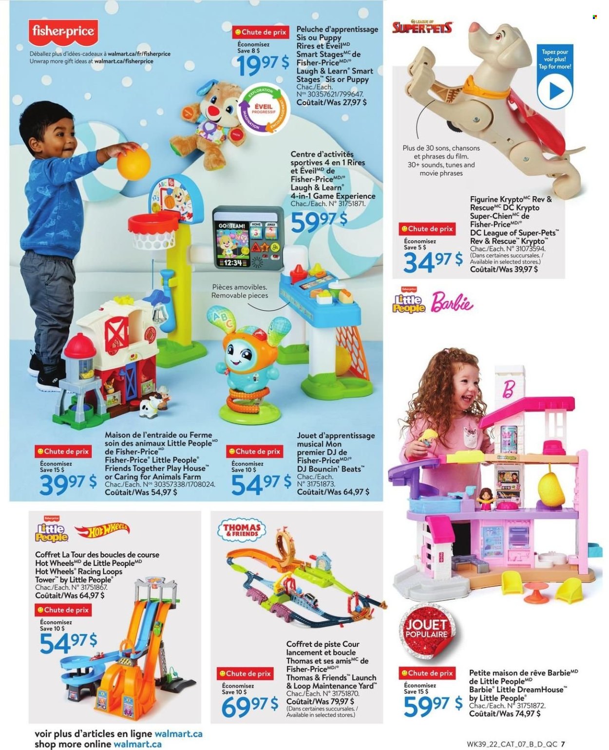 thumbnail - Circulaire Walmart - 20 Octobre 2022 - 24 Décembre 2022 - Produits soldés - Barbie, figurine, Hot Wheels, maison, peluche. Page 7.