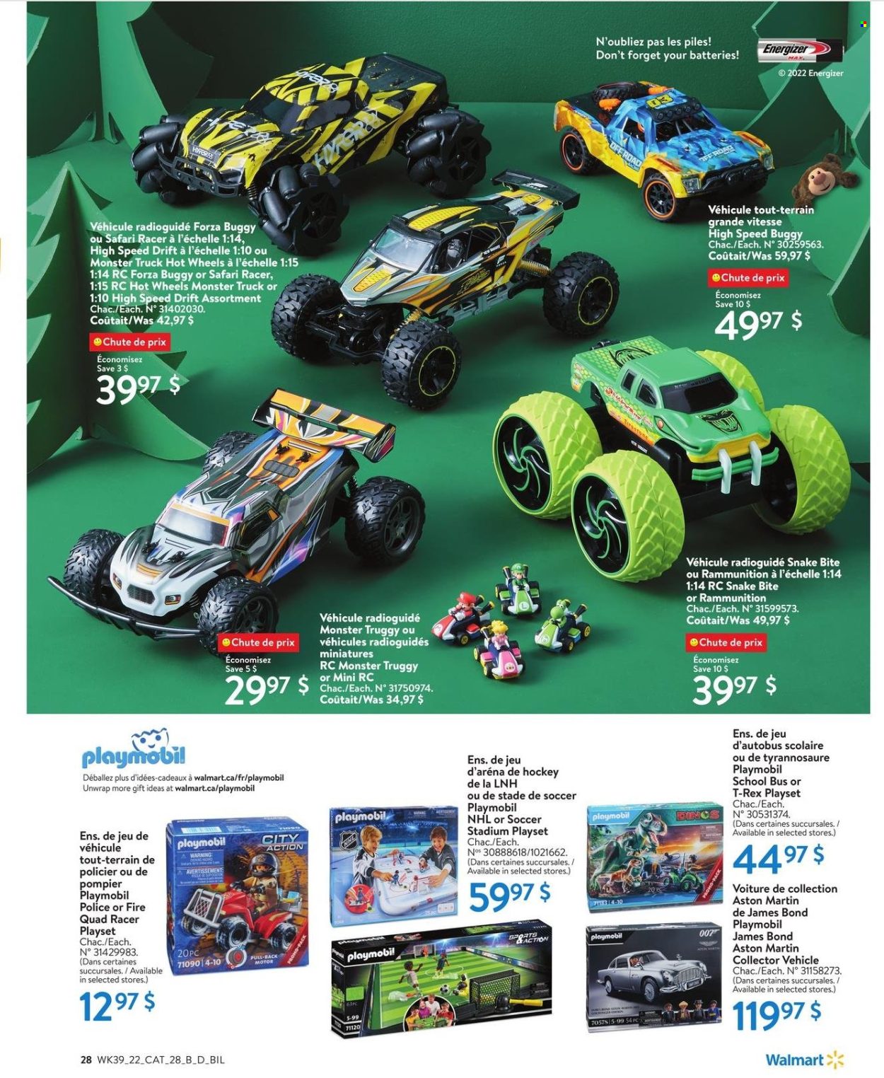 thumbnail - Walmart Flyer - October 20, 2022 - December 24, 2022 - Sales products - Monster, Hot Wheels, James Bond, Speed Buggy, play set, vehicle, buggy, Firestone, Energizer, Playmobil. Page 29.