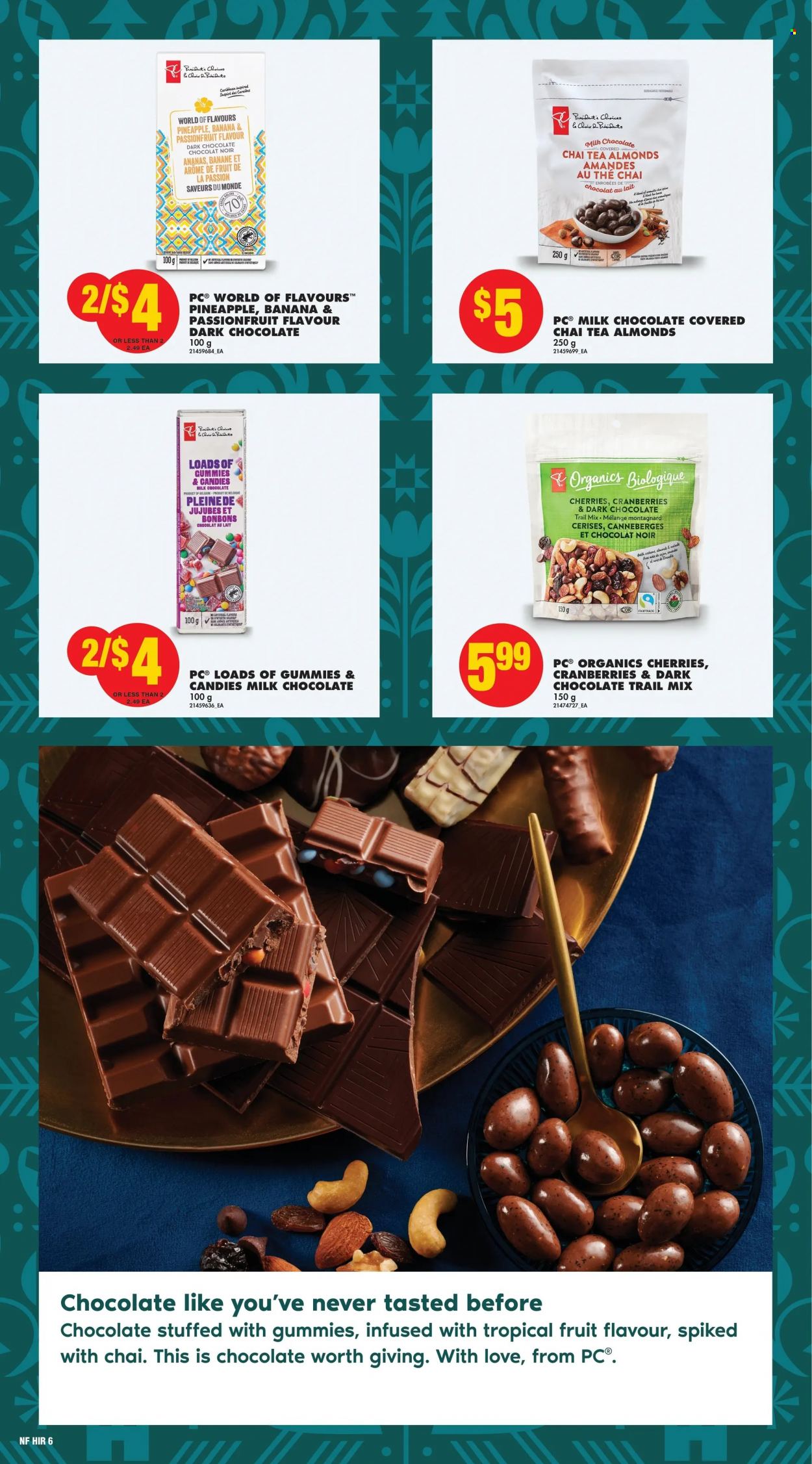 thumbnail - No Frills Flyer - November 03, 2022 - January 04, 2023 - Sales products - pineapple, Président, milk chocolate, dark chocolate, cranberries, almonds, walnuts, trail mix, tea. Page 6.