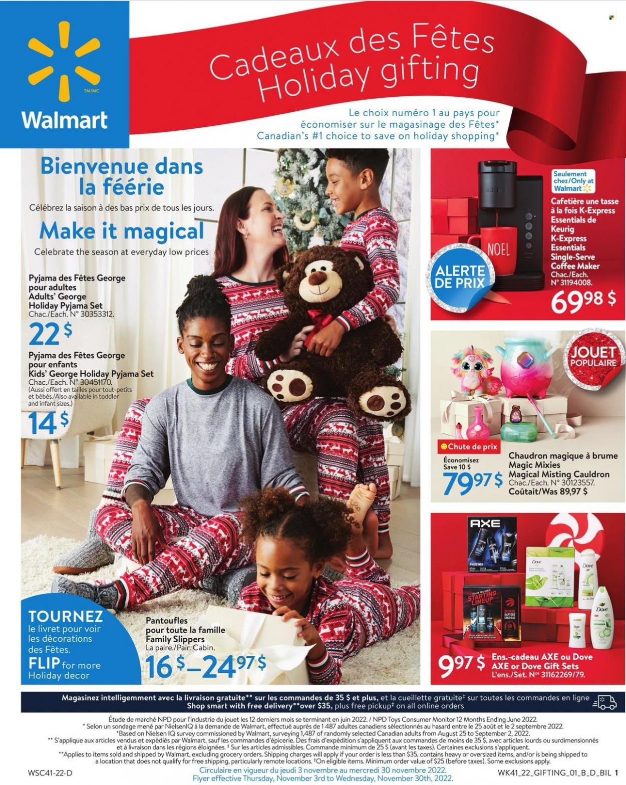thumbnail - Walmart Flyer - November 03, 2022 - November 30, 2022 - Sales products - Dove, Keurig, Axe, coffee machine, pajamas, slippers, toys, monitor. Page 1.