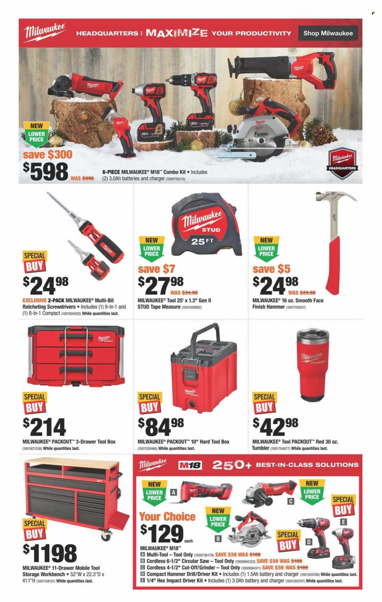 thumbnail - The Home Depot Flyer - November 03, 2022 - December 28, 2022 - Sales products - tumbler, work bench, Milwaukee, drill, impact driver, grinder, circular saw, saw, tool box, combo kit, measuring tape. Page 6.