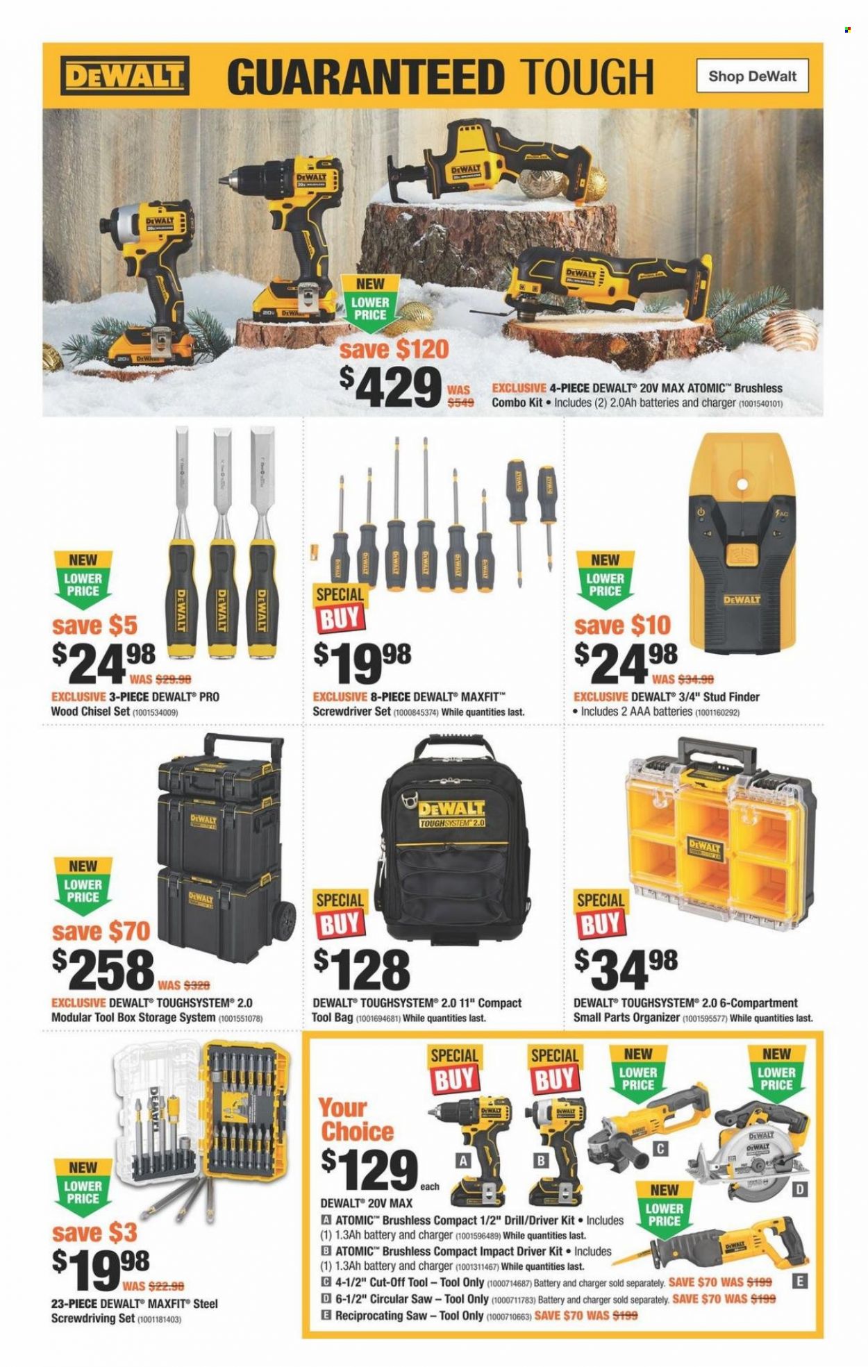 thumbnail - The Home Depot Flyer - November 03, 2022 - December 28, 2022 - Sales products - bag, DeWALT, screwdriver, impact driver, circular saw, saw, reciprocating saw, tool box, combo kit, screwdriver set. Page 8.