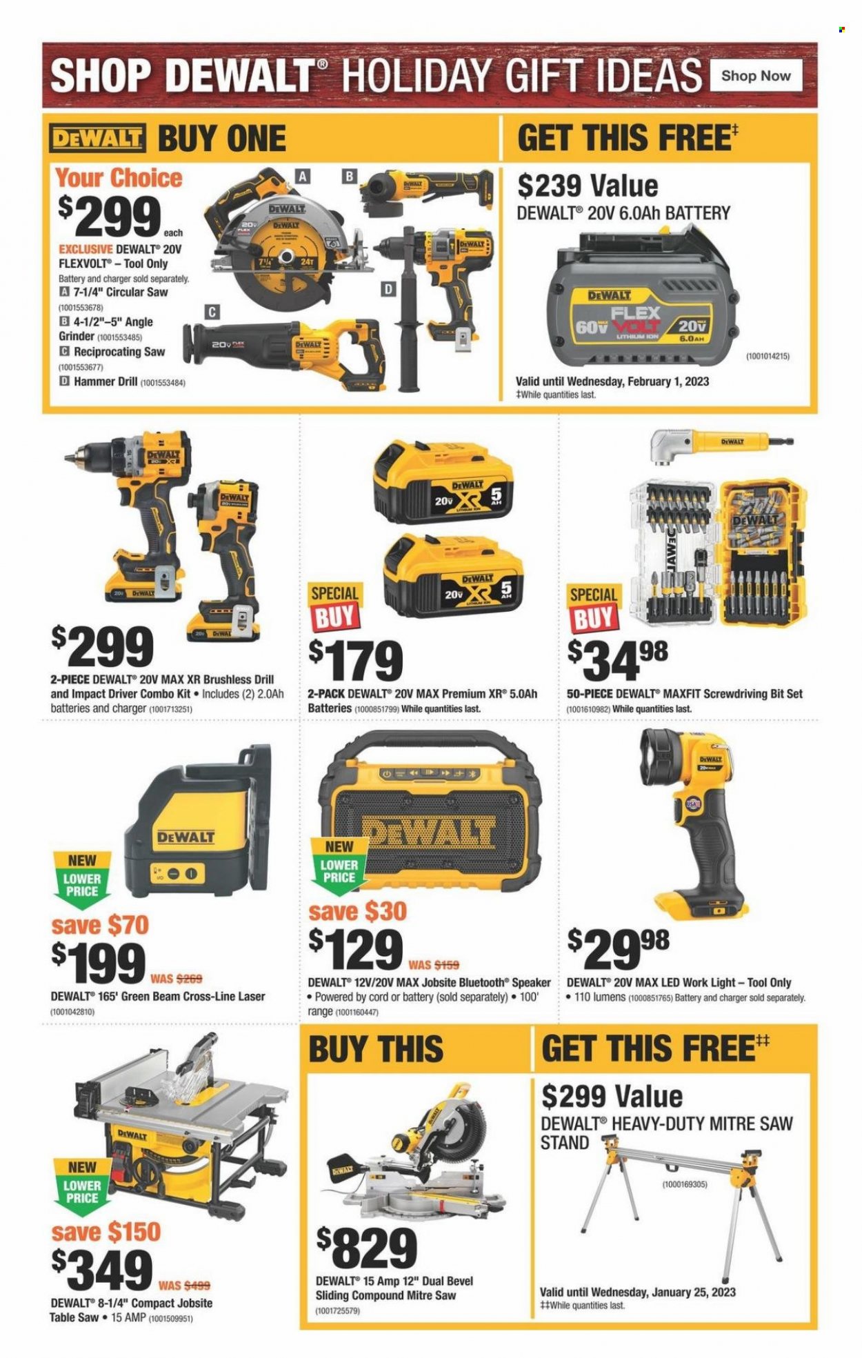 thumbnail - The Home Depot Flyer - November 03, 2022 - December 28, 2022 - Sales products - speaker, bluetooth speaker, table, DeWALT, drill, impact driver, grinder, circular saw, saw, angle grinder, reciprocating saw, table saw, combo kit, saw stand. Page 9.