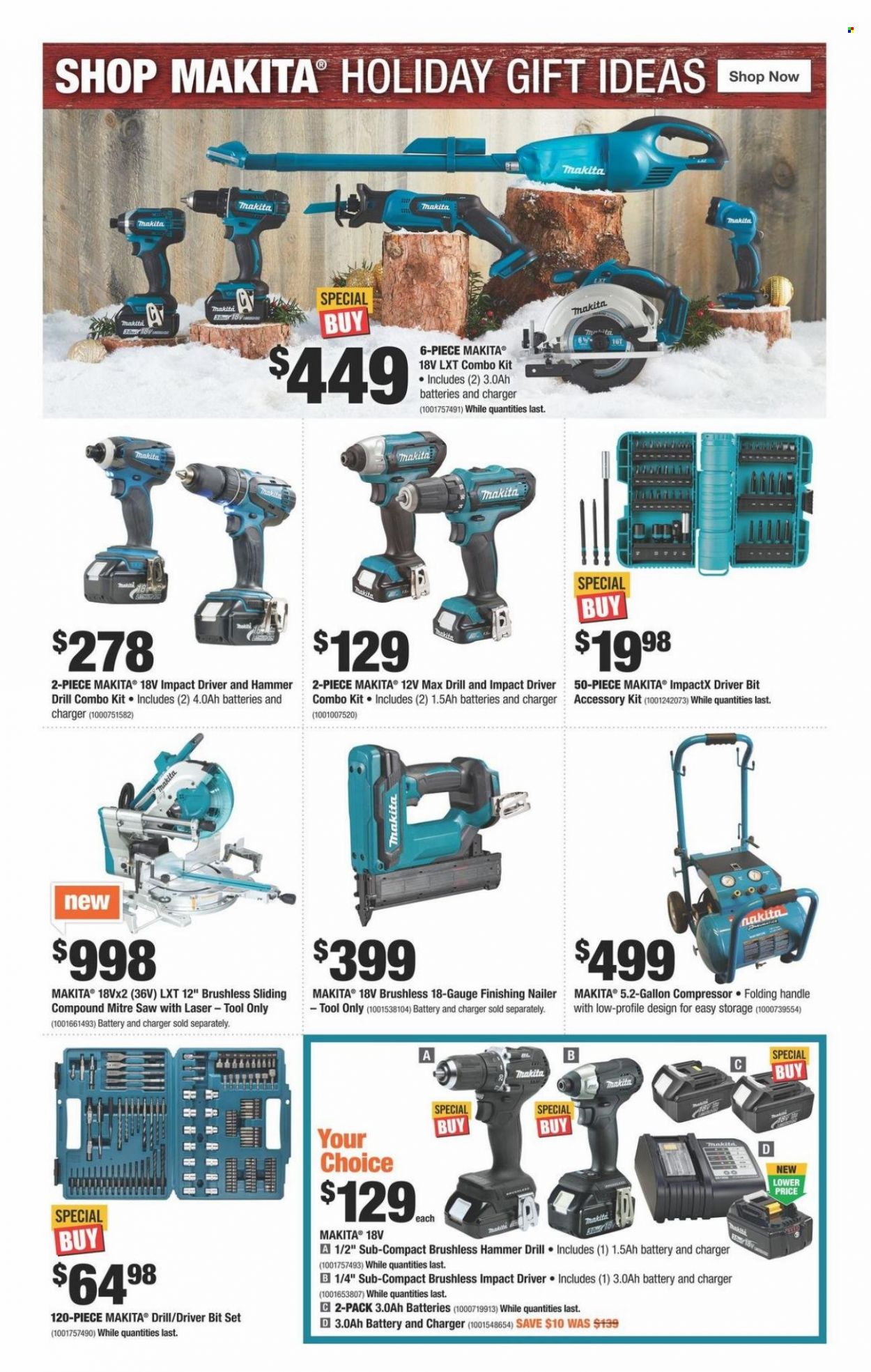 thumbnail - The Home Depot Flyer - November 03, 2022 - December 28, 2022 - Sales products - drill, impact driver, Makita, saw, combo kit, air compressor, nailer. Page 10.
