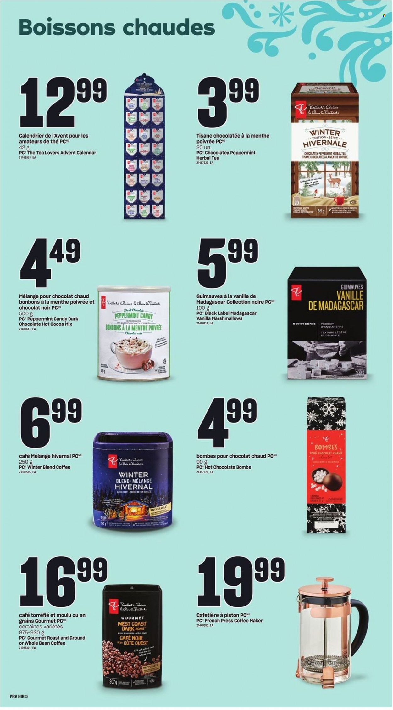 thumbnail - Provigo Flyer - November 03, 2022 - January 04, 2023 - Sales products - Président, advent calendar, marshmallows, dark chocolate, hot cocoa, hot chocolate, tea, herbal tea. Page 5.